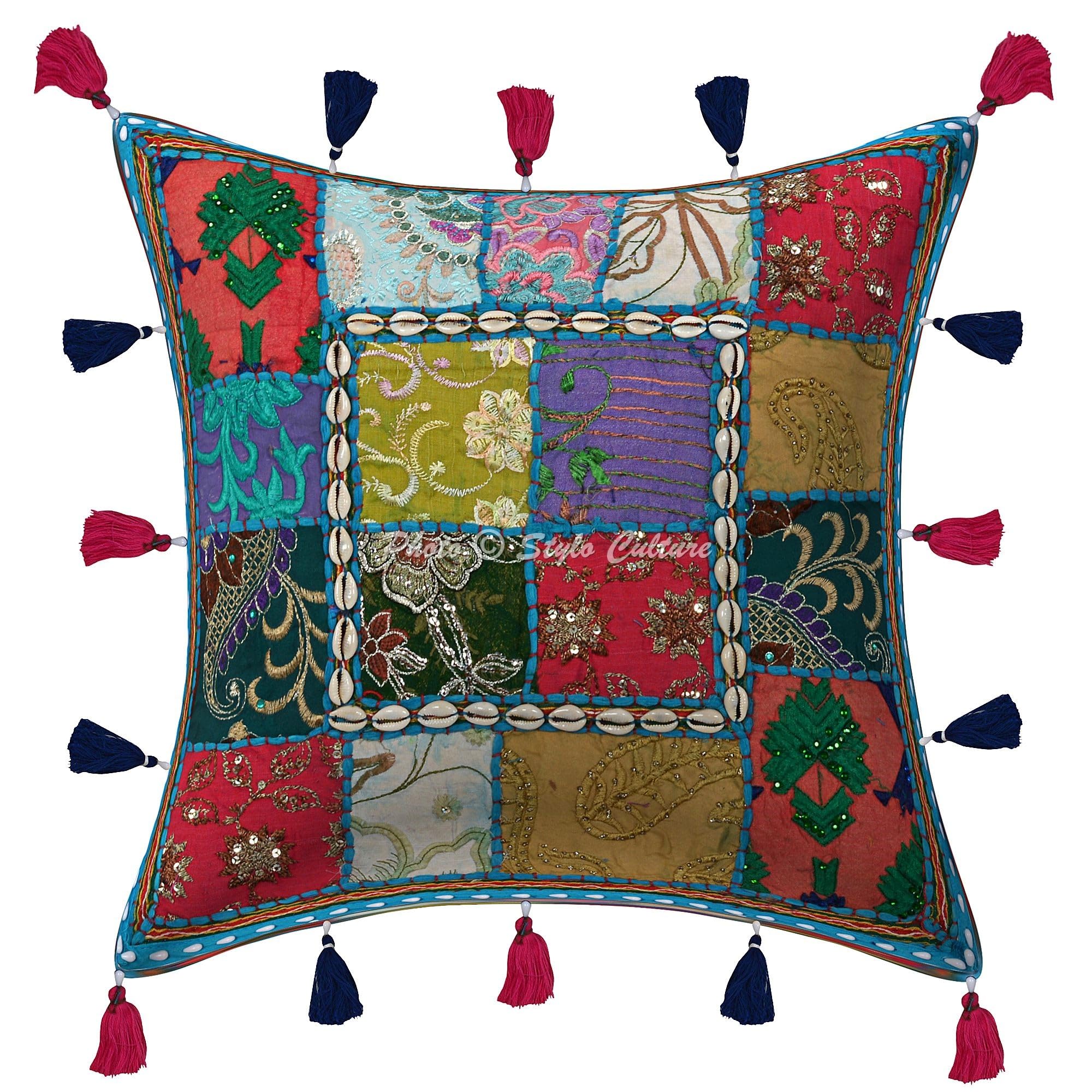 Ethnisch Dekorativ Baumwolle Couch Kissenbezüge 40x40 cm Türkis Dekokissen Gesticktes Patchwork Schlafzimmer Sofa Kissen Bezüge Blumen Quadrat Umschlagverschluss Kissenhullen - 4 STK.