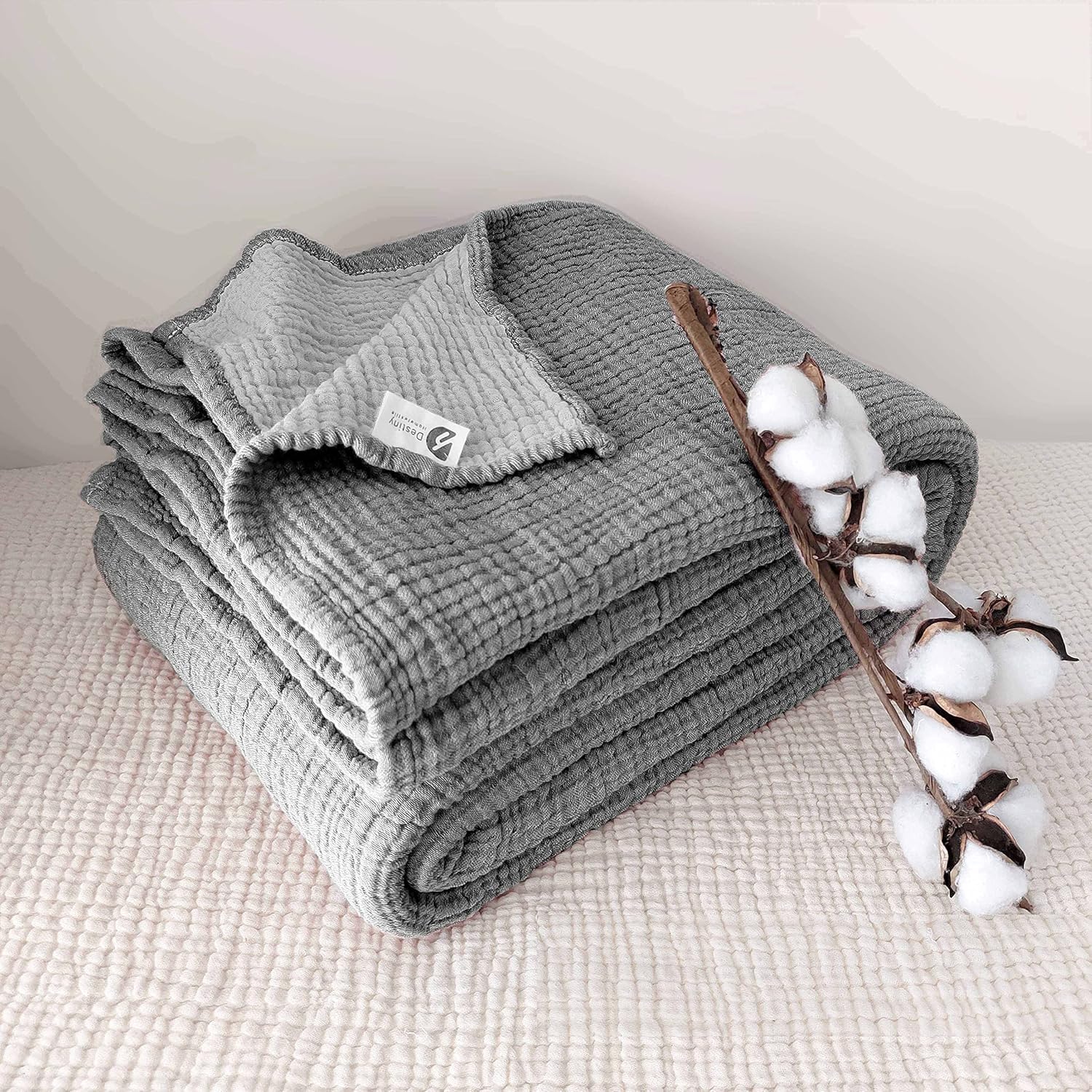 Organic Cotton 4-Layer Muslin 95 x 125 Inch Dual Color Oversized Coverlet, Lightweight Breathable Gauze, No Fringes, Pre-Washed Extra Layer for Duvet Covers, Bed & Sofa (Gray & Pale Gray)