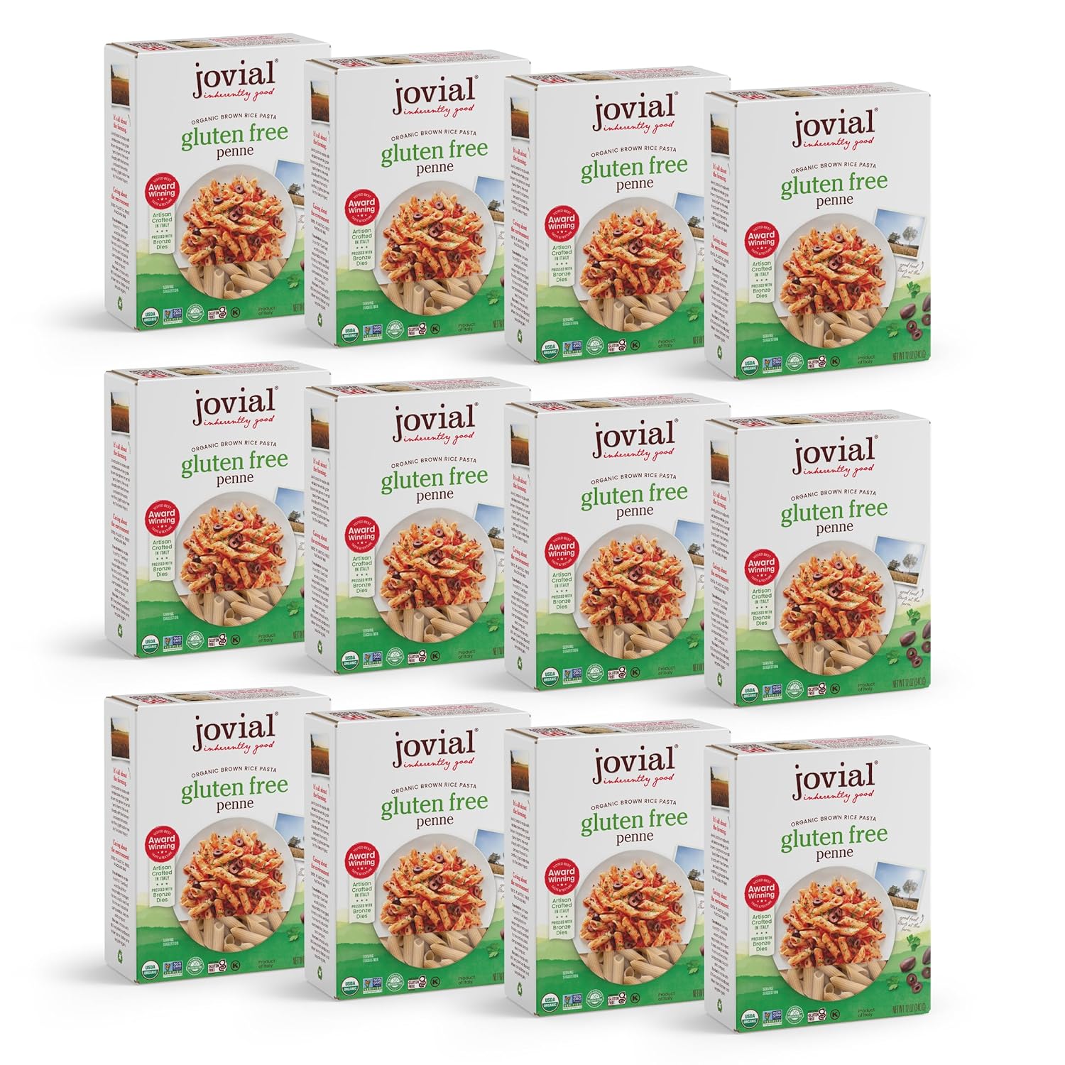 Jovial Whole Grain Brown Rice Penne Pasta - Pasta Penne, Penne Pasta, Whole Grain Pasta, Organic Pasta, Gluten Free, Dairy Free, Brown Rice Pasta, Award Winning Taste, Made in Italy - 12 Oz, 12 Pack