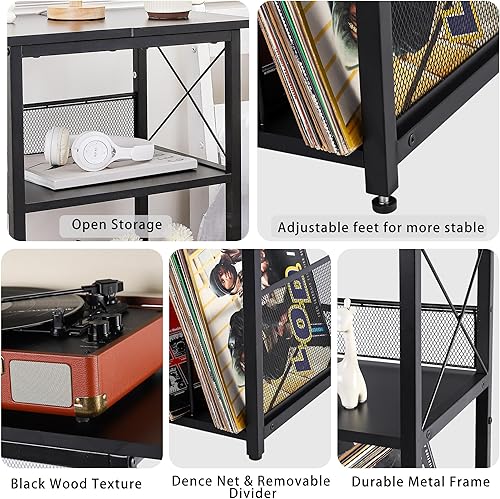 Miniatura 7 de Soporte para tocadiscos negro con almacenamiento de vinilo de hasta 100 álbumes, mesa de almacenamiento de discos de vinilo de 3 niveles con