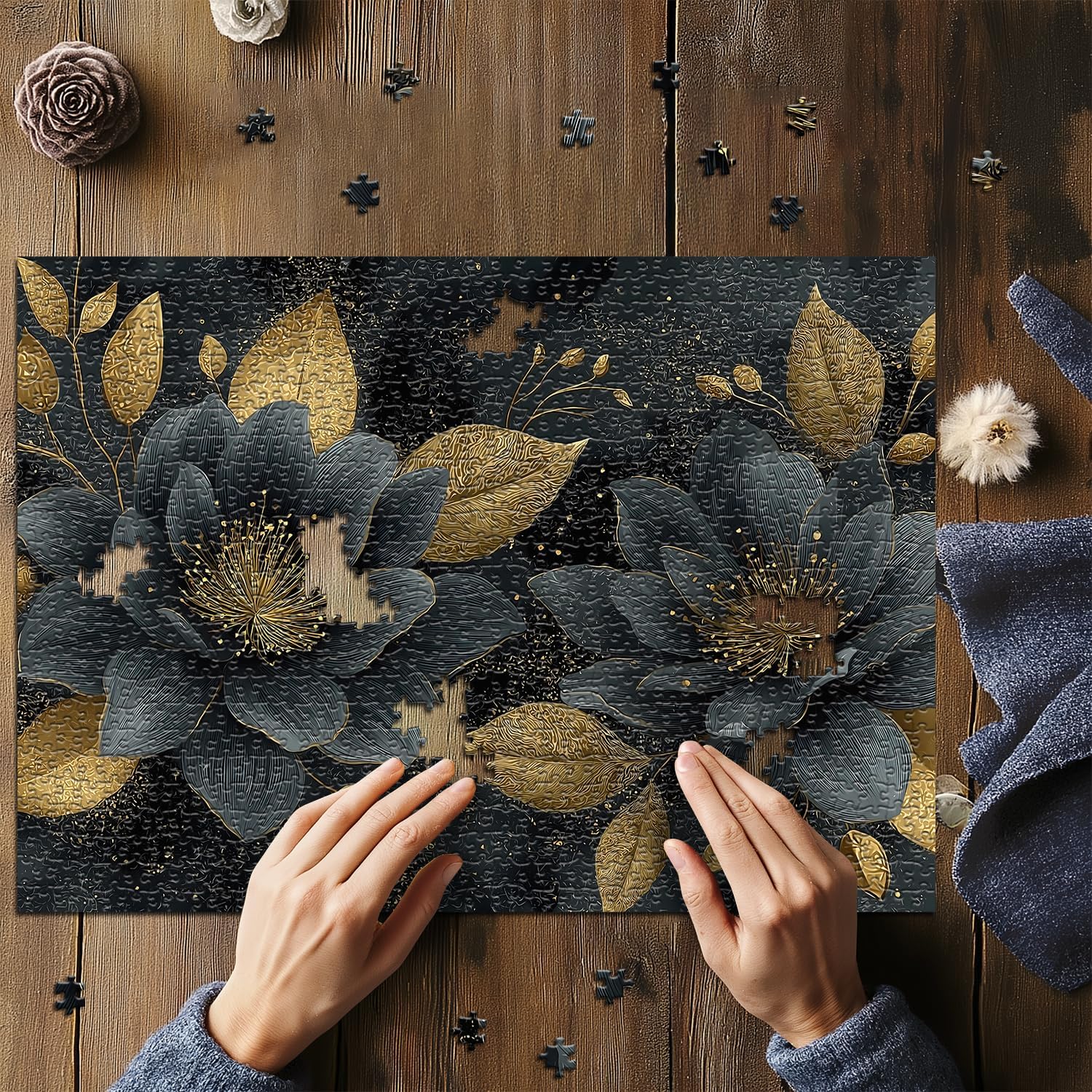 Flower Puzzle for Adults 1000 Pieces, Elegant Black and Gold Floral Art Puzzle, Beautiful Floral Wall Decor