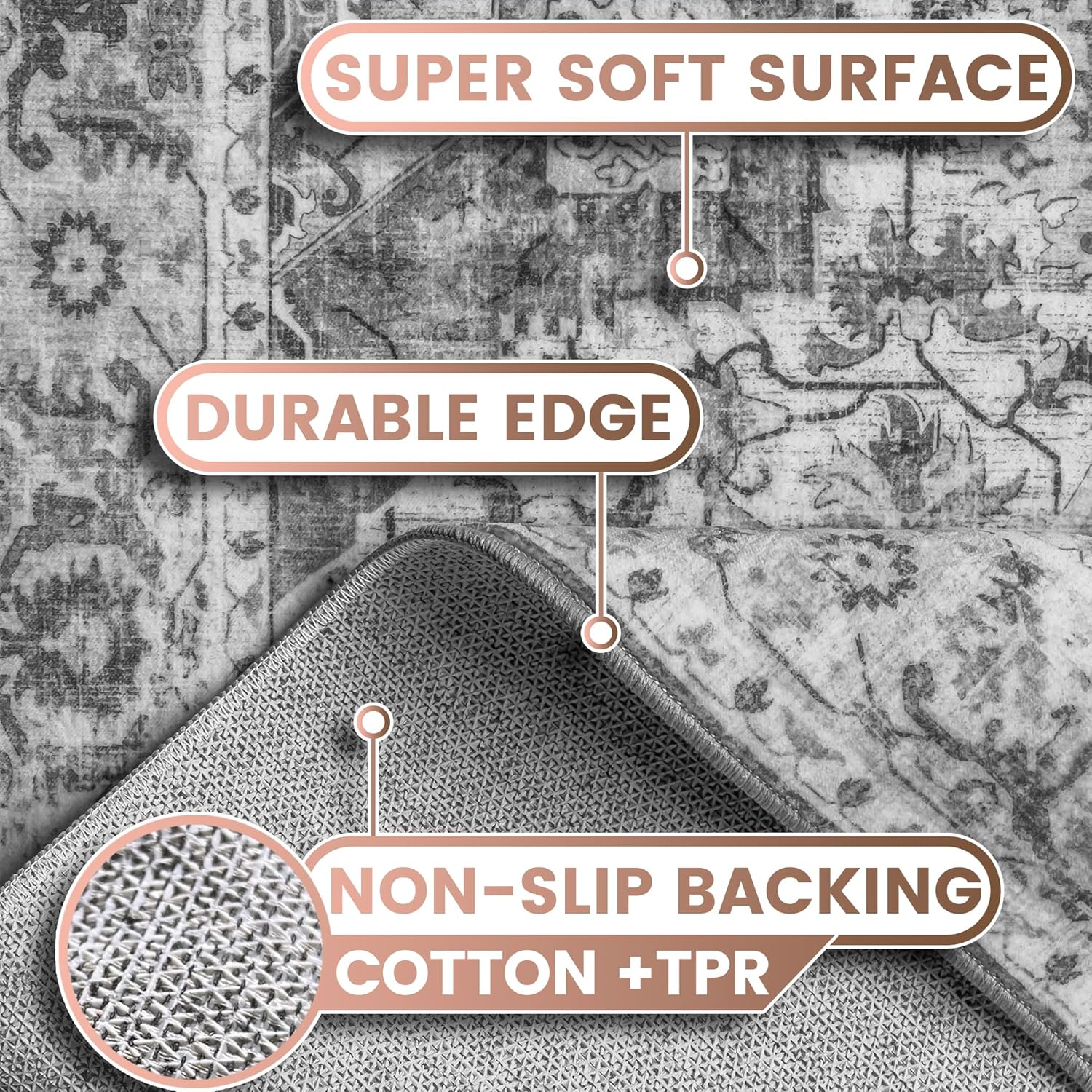 Boho Vintage Area Rug, 5x7 Washable Retro Bohemian Moroccan Oriental Neutral Large Rugs, Ultra Thin Low Pile Lightweight Indoor Nonshedding Nonslip Floor Carpet for Living Room Bedroom Kidsroom Office