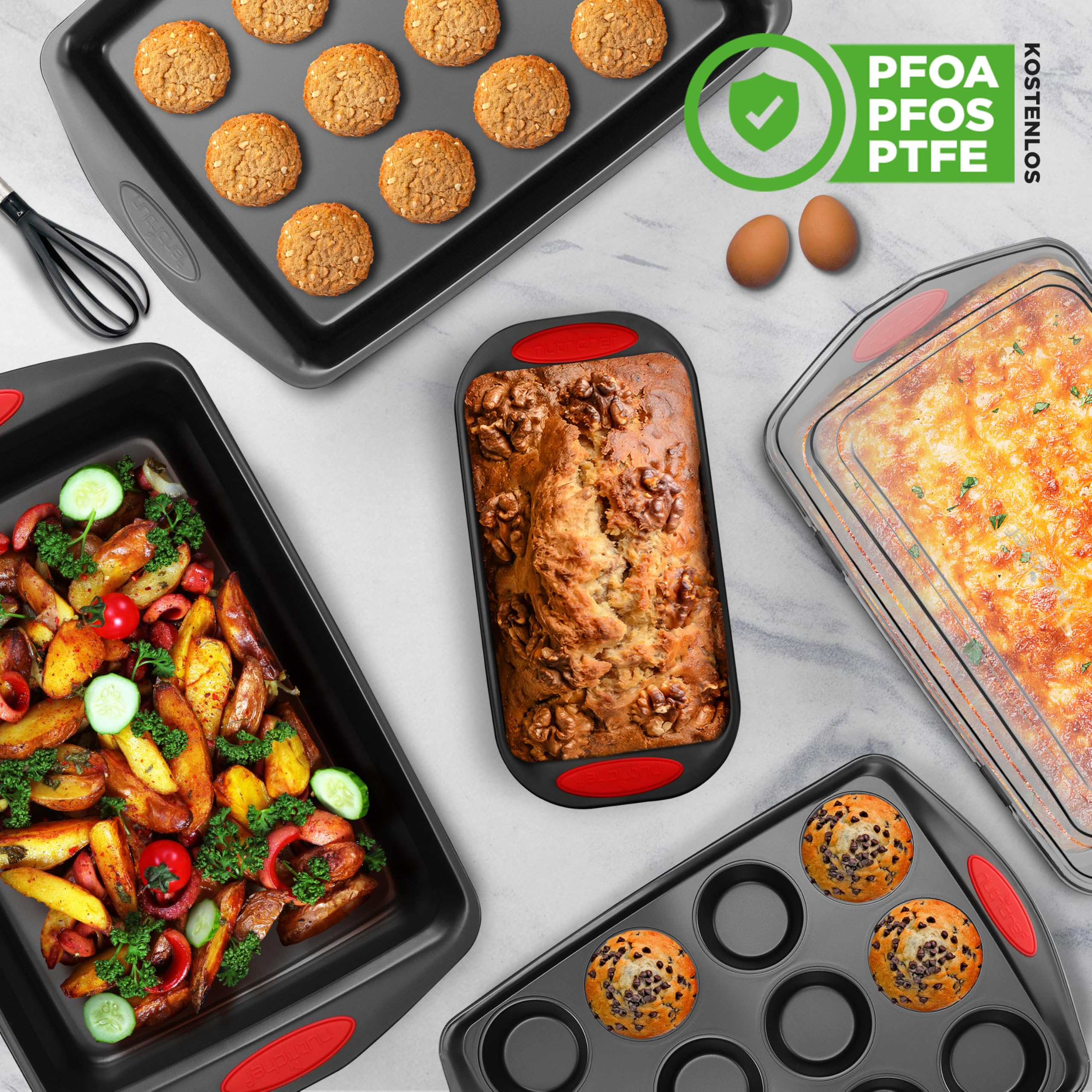 NutriChef Backformen Set 6-teilig – Antihaft Kohlenstoffstahl, PFOA & PTFE-frei, mit Muffinform, Kastenform, Bratform & 2 Keksblechen, Silikongriffe, ofenfest bis 230°C