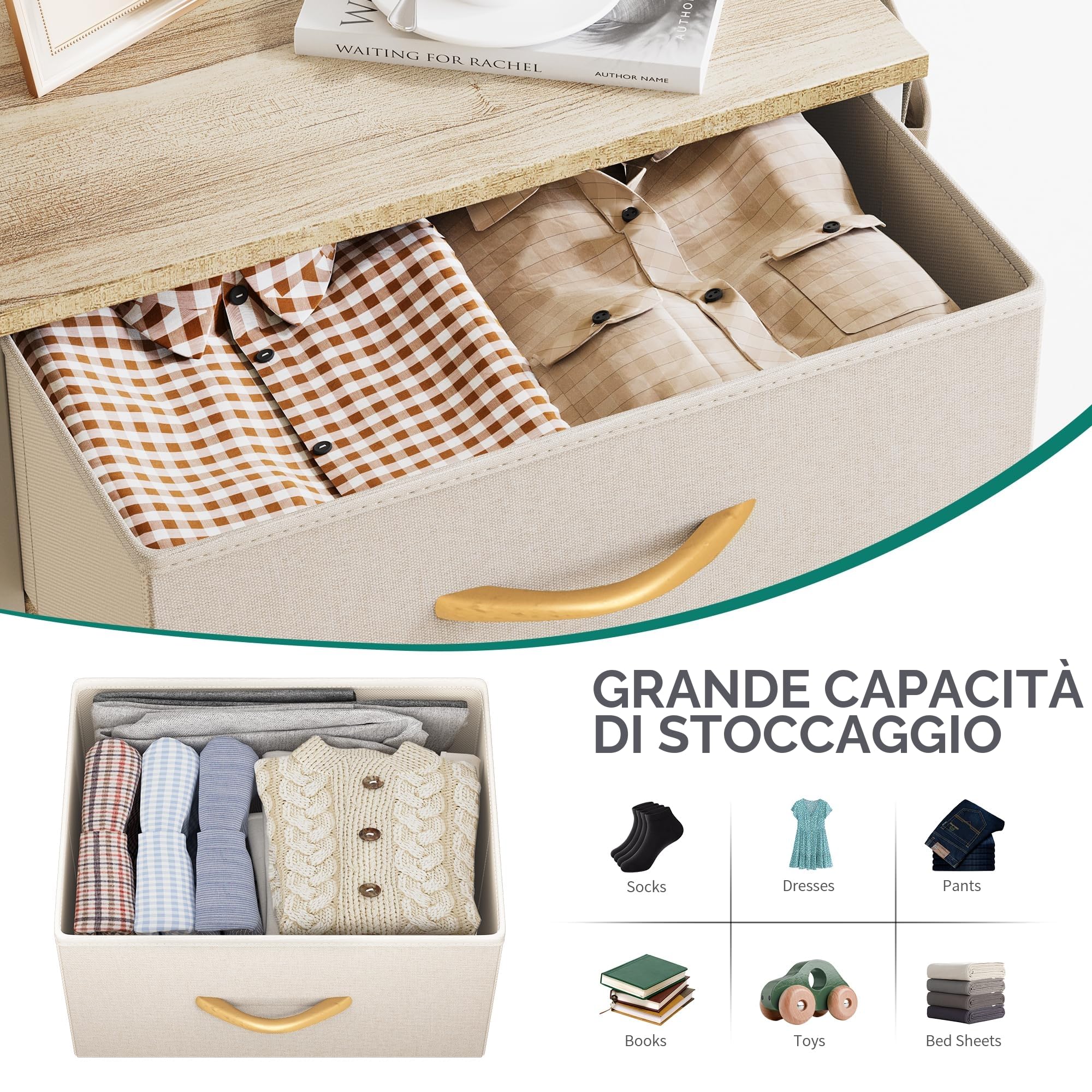 YITAHOME Cassettiera in tessuto con tasche laterali, ganci, armadietto con 5 cassetti, Cassettiera per Corridoio, con vano contenitore per soggiorno, camera da letto, cameretta dei bambini,beige