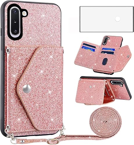 Asuwish Funda para teléfono Samsung Galaxy Note 10 5G con protector de pantalla de vidrio templado y correa cruzada, cordón para tarjetas de crédito