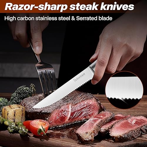 Miniatura 6 de Juego de 6 cuchillos para carne, cuchillos de acero inoxidable de alto carbono de 4.5 pulgadas, aptos para lavavajillas, color plateado