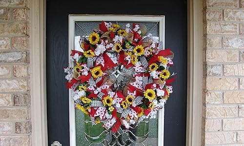 Miniatura 3 de Bright Spring Summer Red Polka Dot Sunflower Deco Mesh Front Door Wreath, Porch Patio Decor, Indoor Outdoor Decoration
