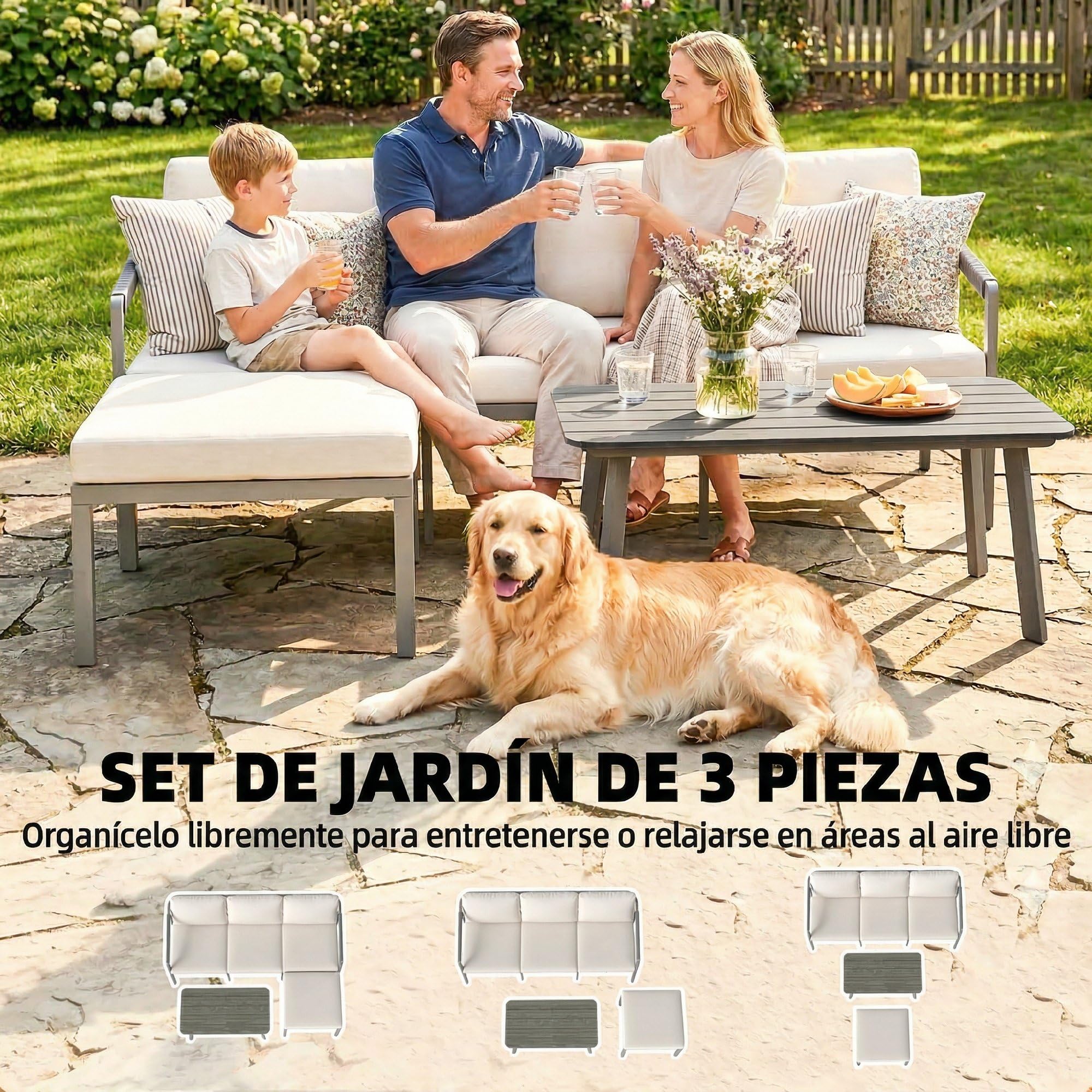 Outsunny Conjunto de Muebles Jardín Exterior Sofá Exterior Marrón Beige | 3 Piezas, Seccional Forma de L, Sofá de 3 Plazas, Reposapiés, Mesa Centro de Listones, Cojines de 10 cm, Terraza Patio