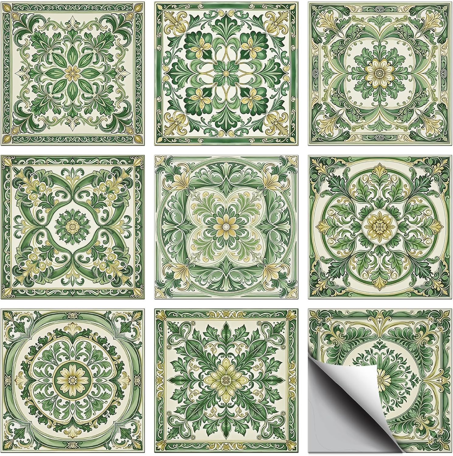 36 Pcs 9 Styles Retro Green Flowers Patten Tile Sticker Datura Flowers Patten Wall Tile Stickers Waterproof Self Adhesive Stick on Decals for Kitchen Bathroom Wall Art 4×4 Inch