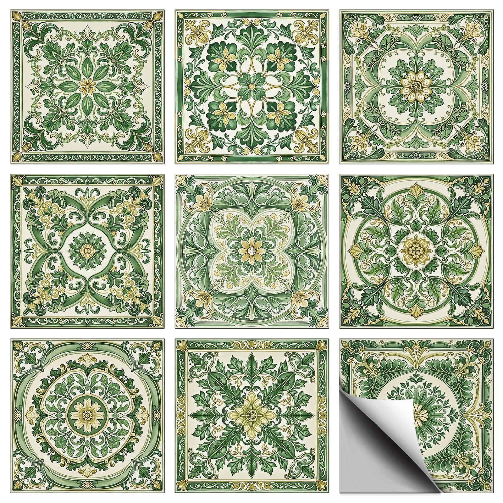 CONCHLERY 36 Pcs 9 Styles Retro Green Flowers Patten Tile Sticker Datura Flowers Patten Wall Tile Stickers Waterproof Self Adhesive Stick on Decals for Kitchen Bathroom Wall Art 4ร4 Inch โ image 1