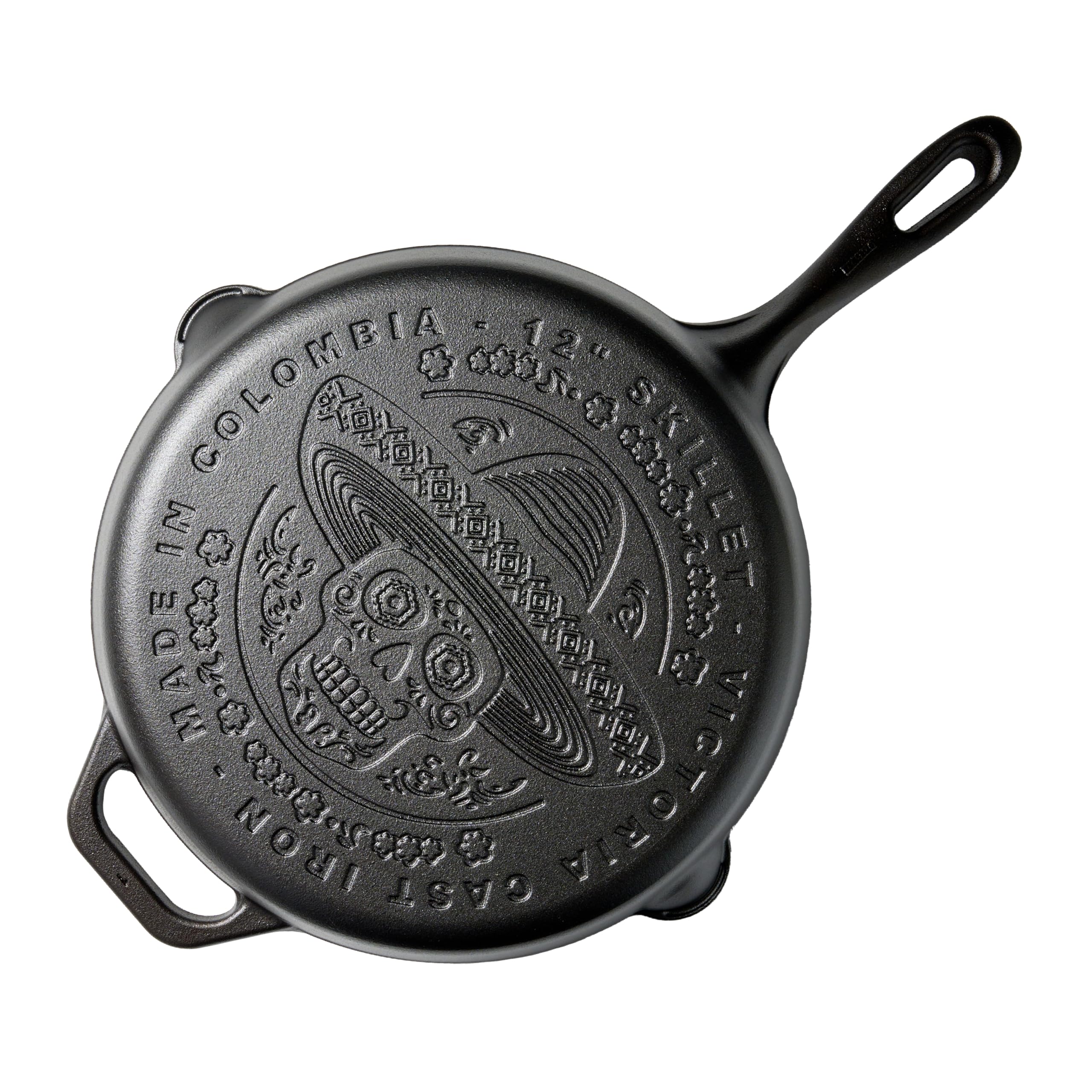 Victoria 12-Inch Day of the Dead La Calaca Cast Iron Skillet, Dia de los Muertos Seasoned Cast Iron Frying Pan with Long Handle, Made in Colombia