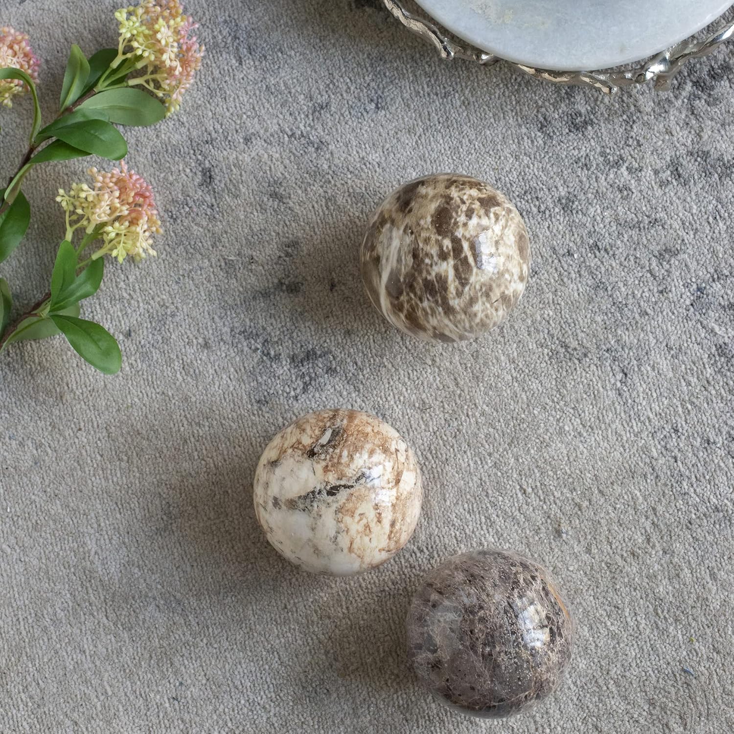 A&B Home Tan Decorative Marble Balls - Flat Base Table Centerpieces Beige Marbleized Ball with Flat Side, Set of 6 Ceramic Spheres, 4 inch