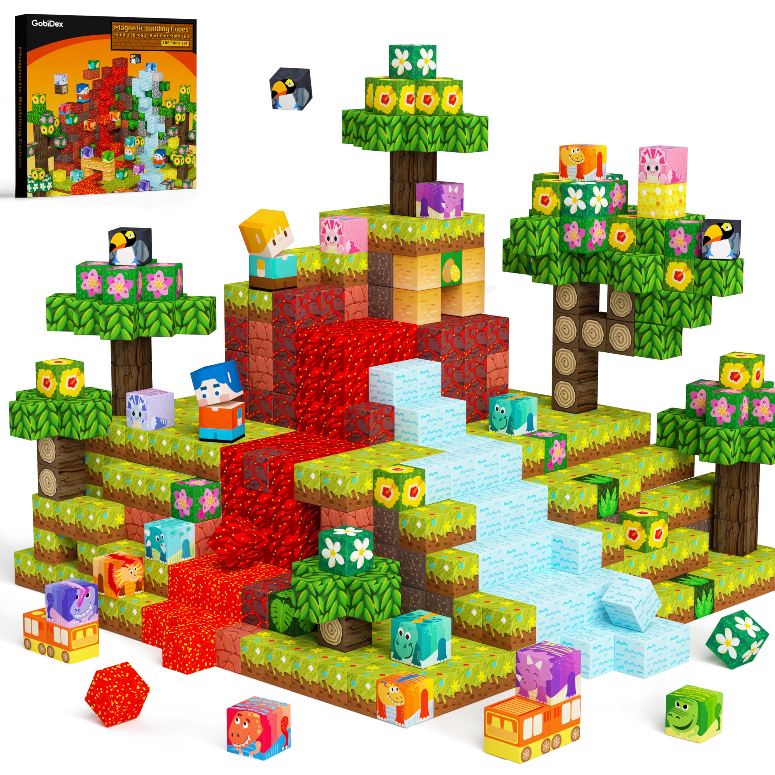 GobiDex 100PCS Magnetic Building Blocks Volcano Dinosaur Set for Toddler, Sensory STEM Toys for Kids Ages 3-5 5-7 4-8, Birthday Gifts for 3+ Year Old Boys Girls Kids