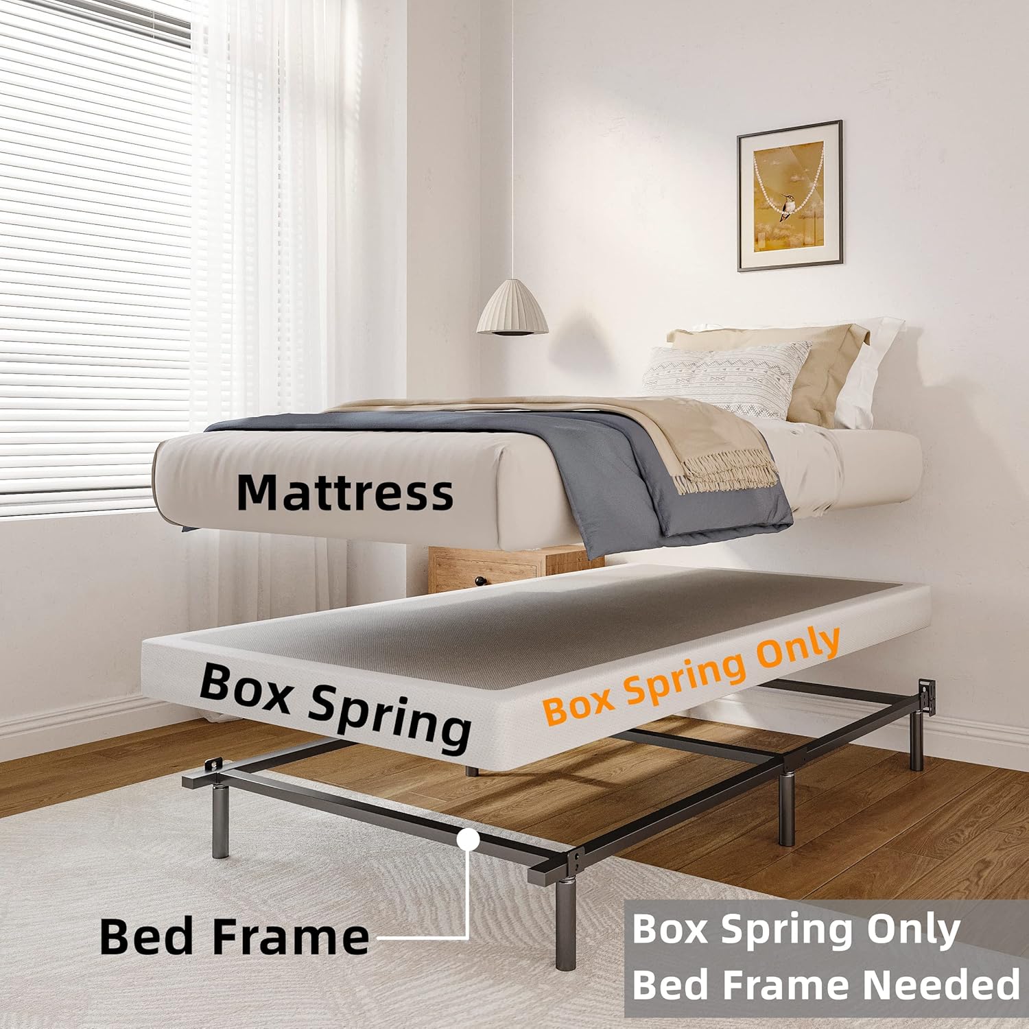 Twin Box Spring and Cover Set, 5 Inch Low Profile Metal BoxSpring, Heavy Duty Structure with Easy Clean Bed Skirt, Mattress Foundation, Noise Free, Non-Slip, Easy Assembly