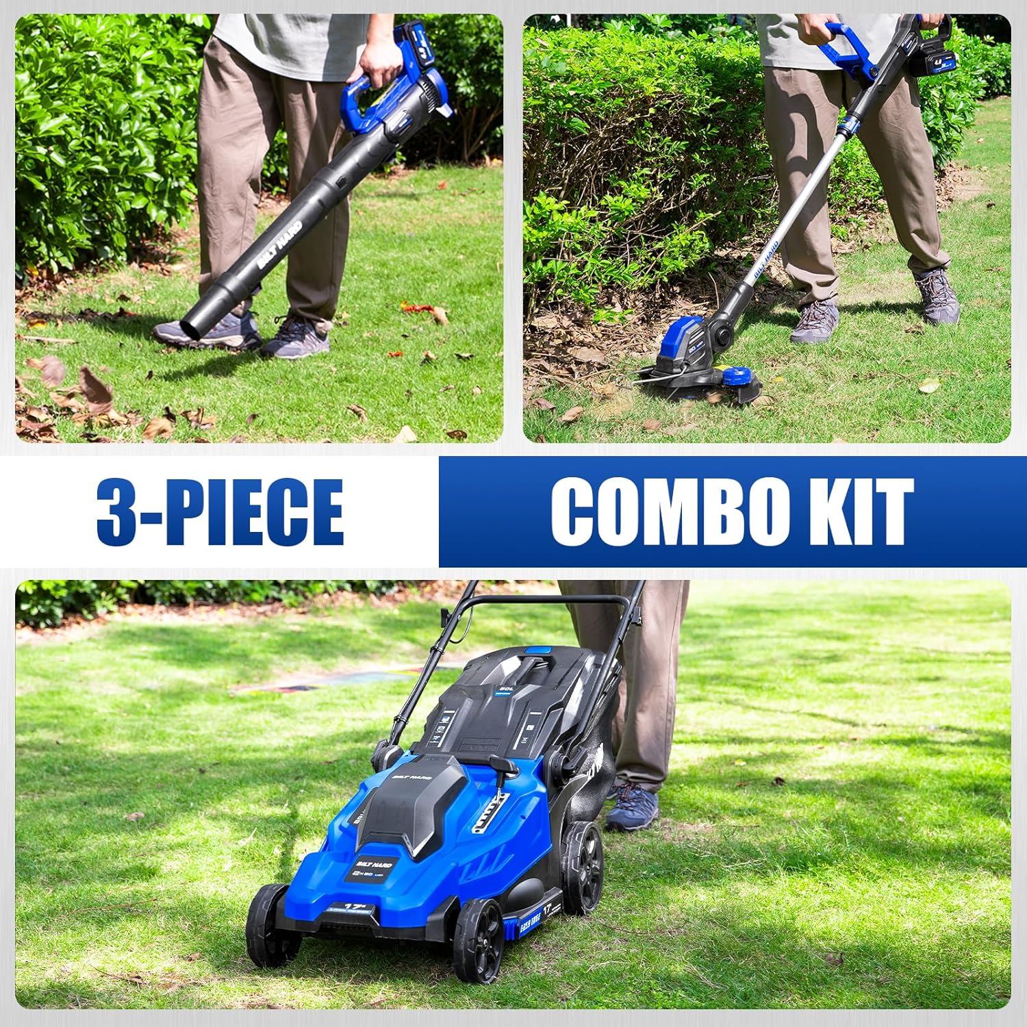 BILT HARD 17'' 40V Cordless Push Lawn Mower, 12'' String Trimmer and Leaf Blower Combo Set, Electric Lawn Mower Set with 3 x 4.0Ah Batteries and Dual Charger