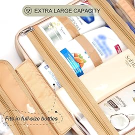 COOSKY Travel Hanging Toiletry Bag for Women, Cruise Ship Essentials, with Jewelry Organizer, Extra Large Makeup Dopp Kit, Waterproof Cosmetic Bags, Toiletries Kit Set with Trolley Belt, Khaki