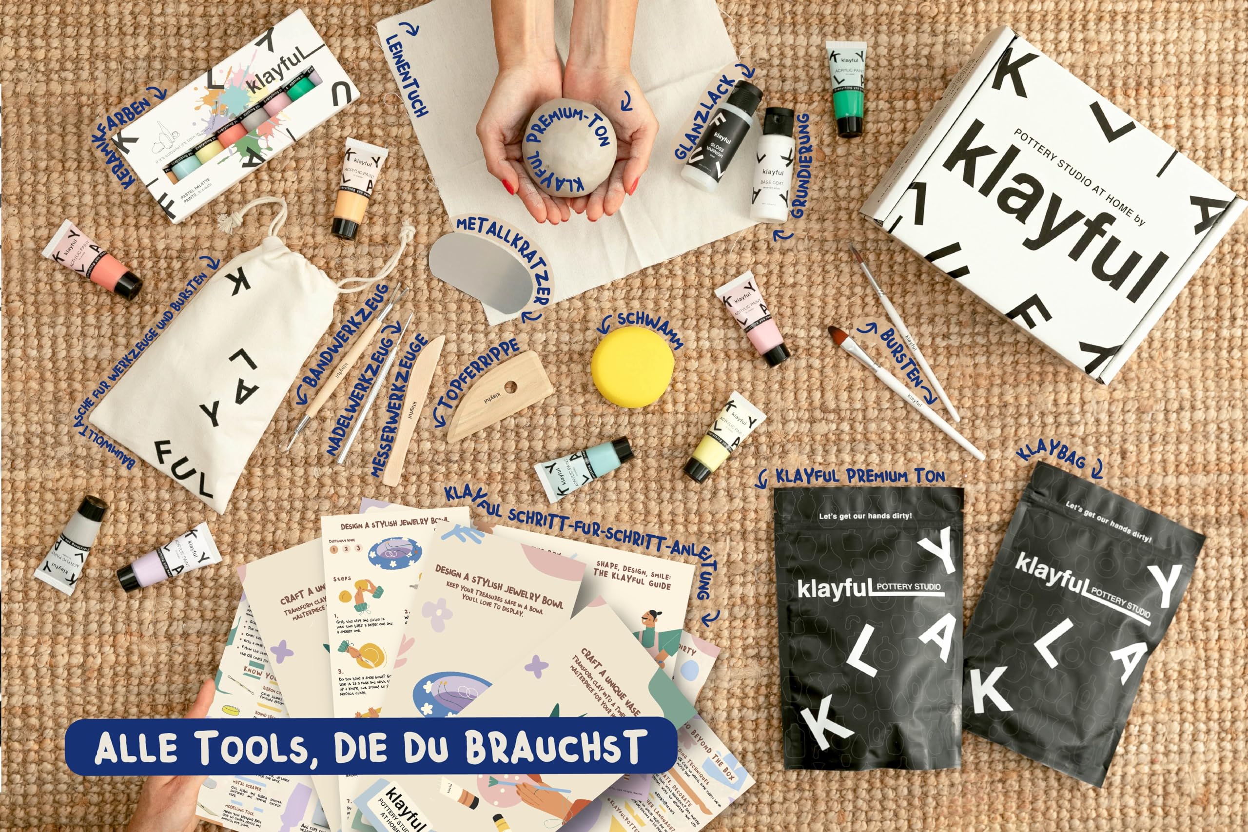 Klayful Töpferset Erwachsene | Keramik Bemalen Set | Lufttrocknender Ton | DIY Bastelset für Anfänger | Werkzeuge, Acrylfarben, Pinsel, Anleitung (Pastellfarben)
