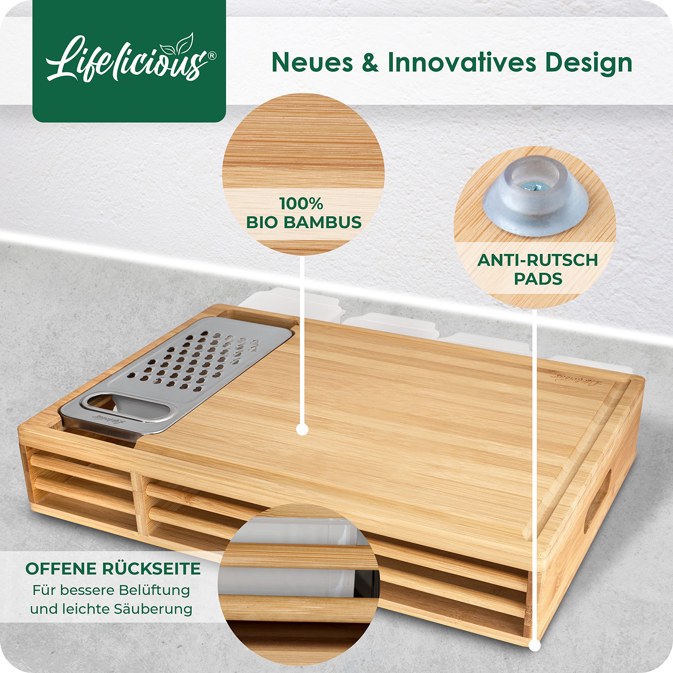 Premium Schneidebrett mit Auffangschalen [inkl. Edelstahlreibe] Spülmaschinenfeste Schalen aus Kunststoff - Großes multifunktionales Küchenbrett, Schneidebrett aus hellem Edelbambus-Holz
