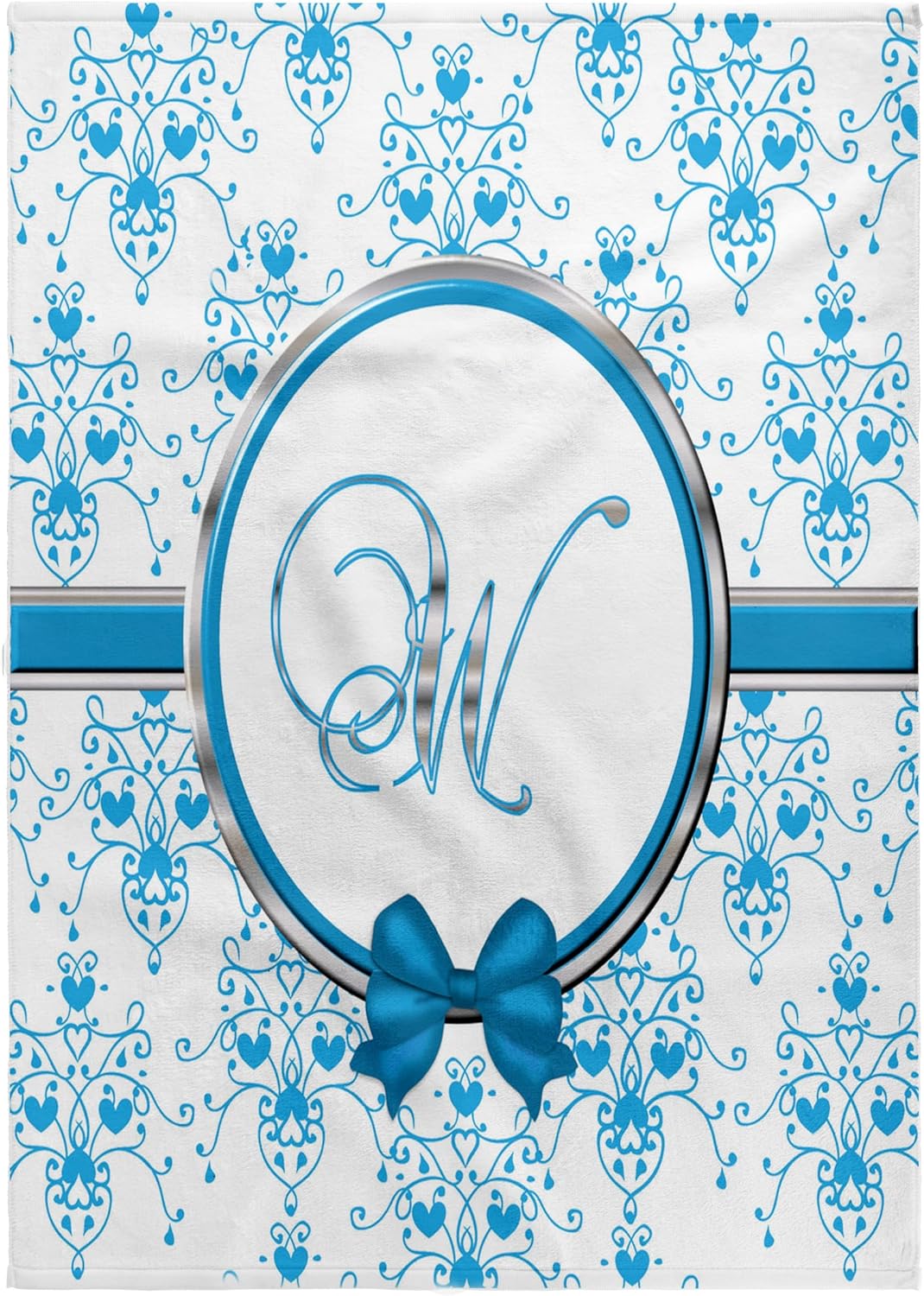 3dRose Elegant Blue and Silver Heart Damask Monogram Letter W 22x30 Bath Hand Pool Towel
