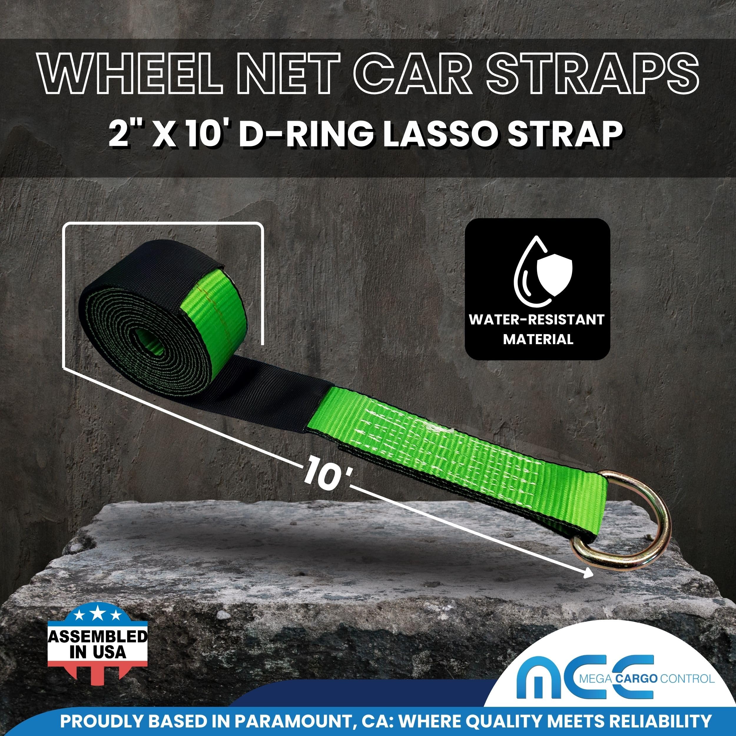 Mega Cargo Control 4 zestawy 5 cm x 25 cm D pierścień lasso pasek z (4) grzechotką 5 cm, (4) hak druciany J, (4) ochraniacz tulei wciągarki Lasso - (prezent) | zapadkowy holownik i ciągnięcie (zielony