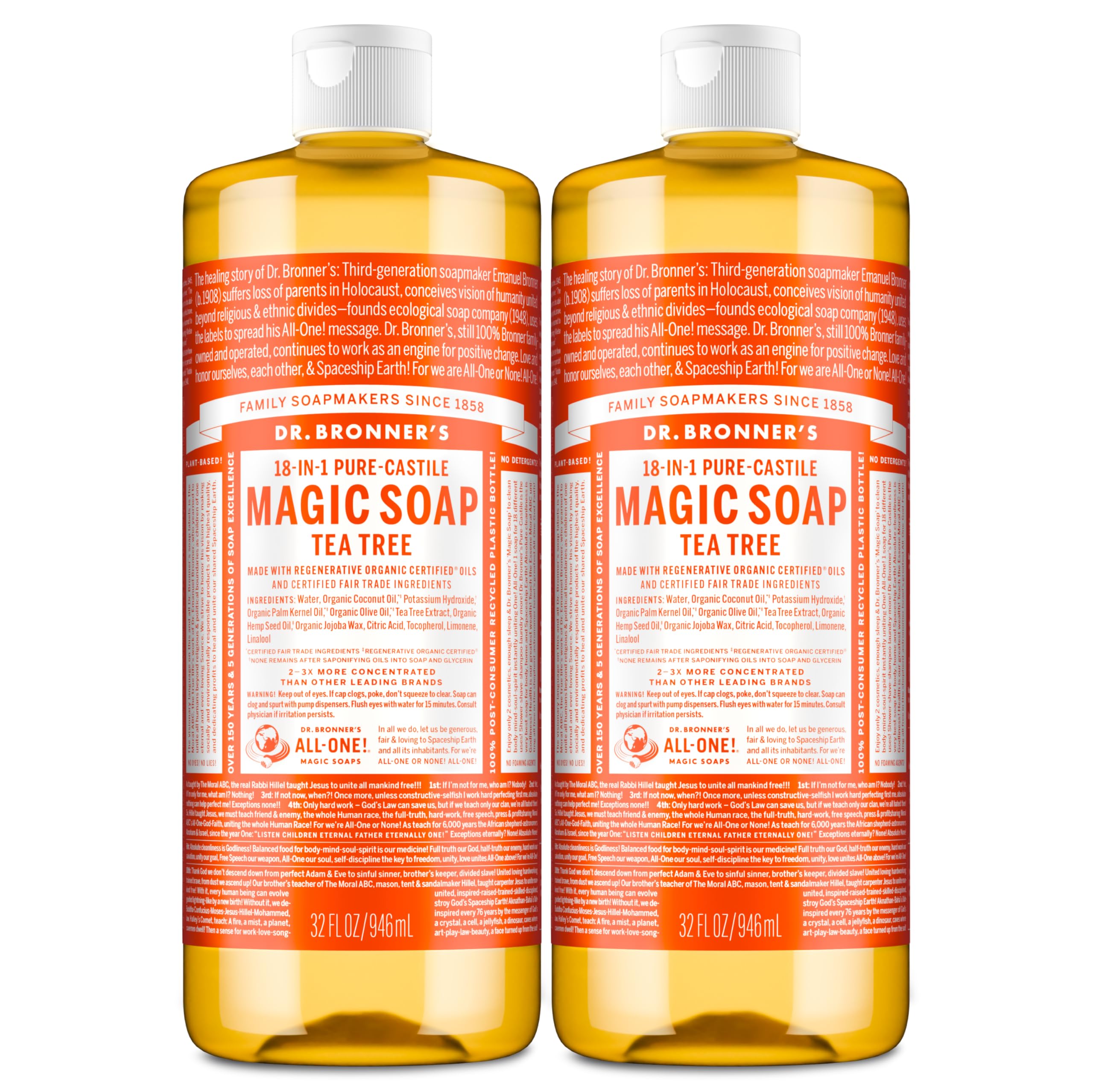 Dr. Bronner's Pure-Castile Magic Soap Liquid (Tea Tree, 32 ounce, 2-Pack) - Made with Regenerative Organic Certified Oils, 18-in-1 Uses: Body, Hair, Laundry & Dishes, Concentrated, Vegan, Non-GMO