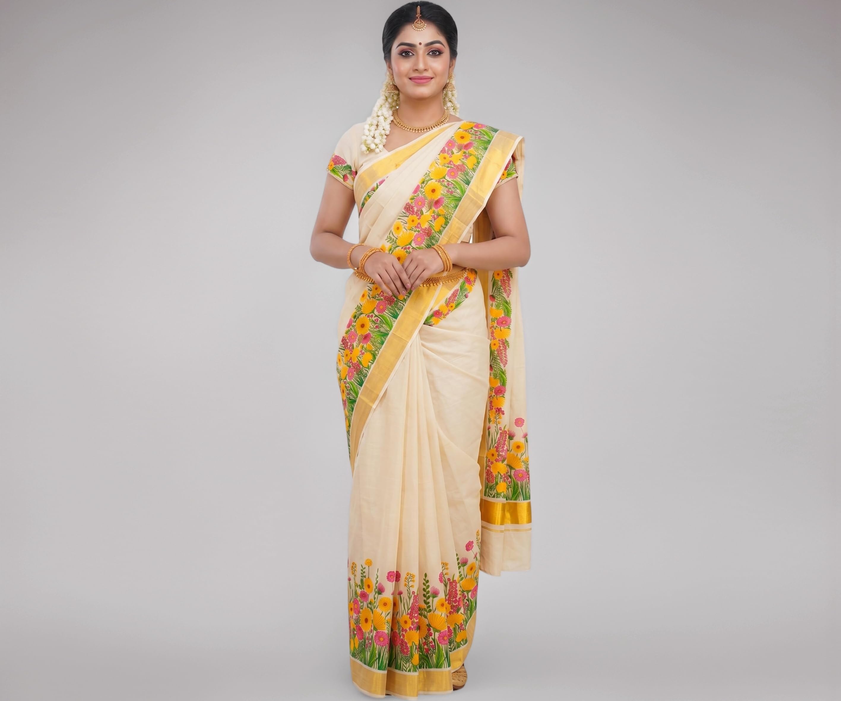 Women's Mural Printed Kerala Gold Tissue Saree with Running Blouse Piece | Traditional South Indian Ethnic Saree for Festivals, Weddings & Special Occasions