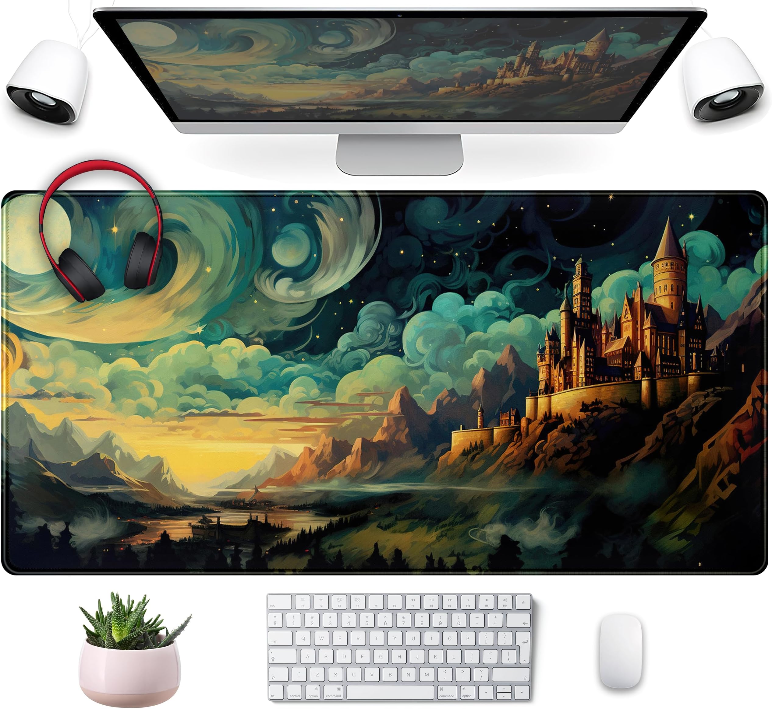 Cool Aesthetic Castle Mouse Pad Desk Pad Cute Cloudy and Starry Desk Mat, Office Desk Decor Anime Mousepad Laptop Keyboard and Mouse Mat, XXL Large Extended Gaming Deskmat for Girl 31.5x15.75 in