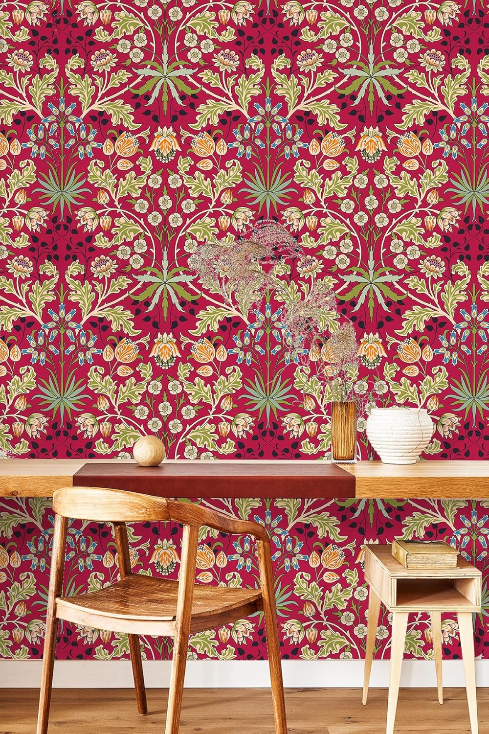 HAOKHOME Vintage Floral Peel and Stick Wallpaper Botanical Victorian Retro William Morris Wall Paper Red for Bedroom Bathroom Accent Wall 17.3in x 9.8ft
