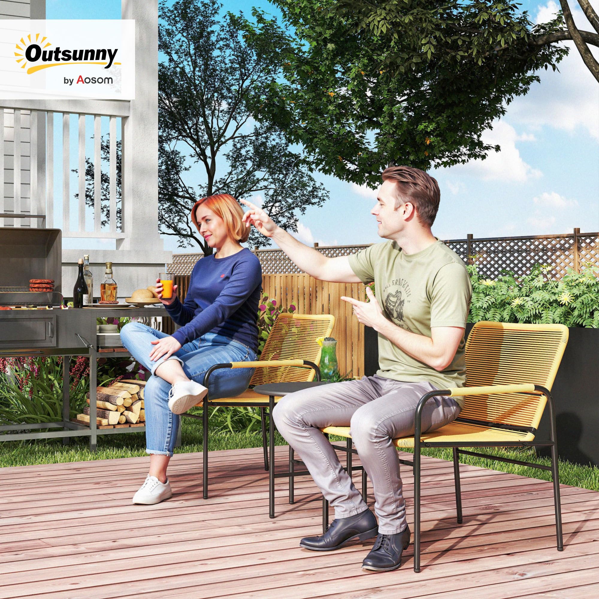 Outsunny 3-częściowy rattanowy zestaw bistro, 2 fotele, żółty | Zestaw ogrodowy, stolik kawowy, stal, taras, ogród
