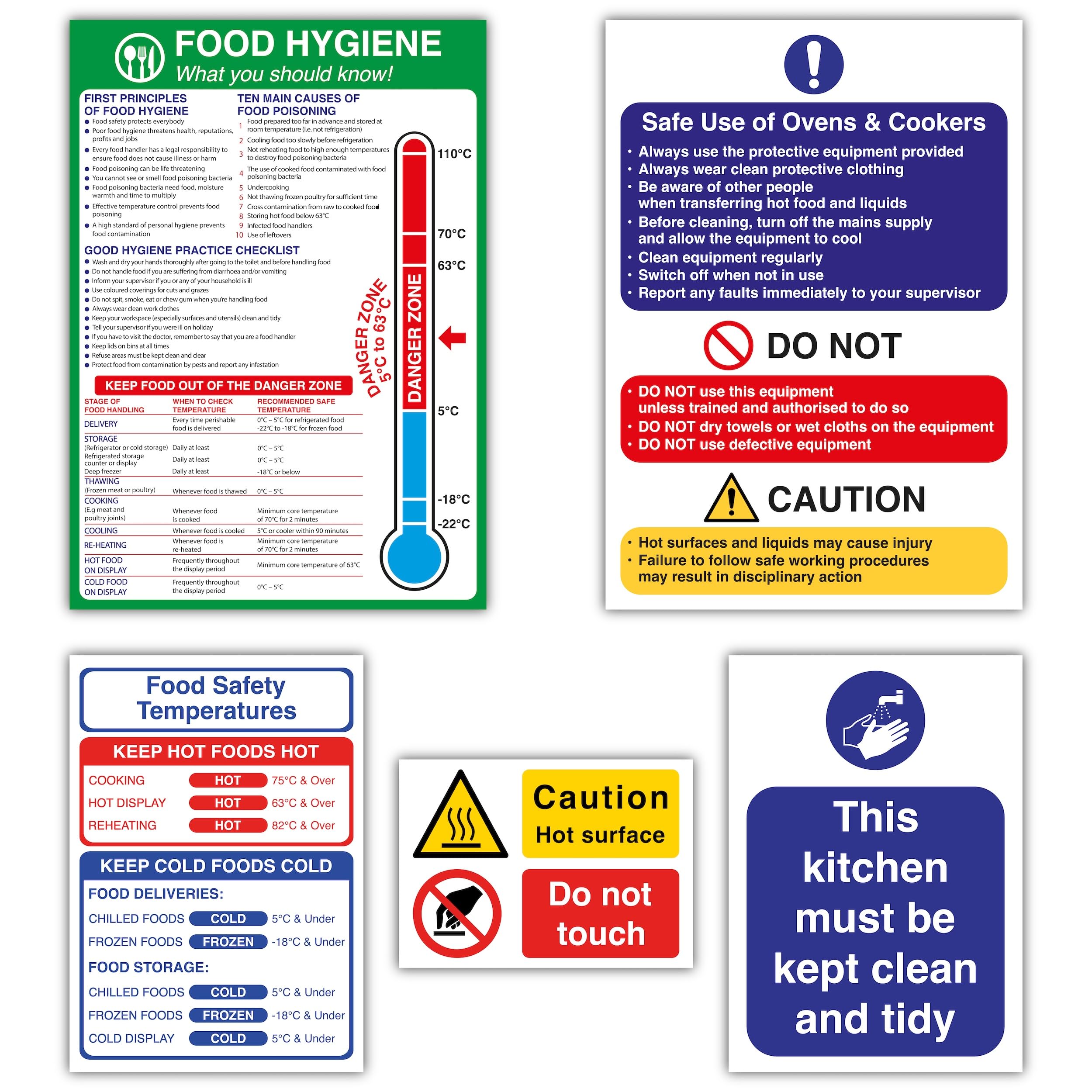 5 Pack Commercial Kitchen Safety Signs – A4 Food Hygiene & Oven Safety Posters, A5 Food Temperature Info & Keep Kitchen Clean, A6 Hot Surface Warning Labels – Self Adhesive Stickers
