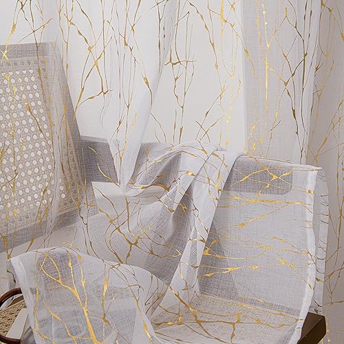 Miniatura 4 de Sutuo Home Juego de 2 paneles de cortinas traslúcidas blancas de 63 pulgadas de largo, rama bronceadora metálica con estampado de lámina dorada,
