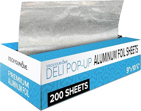 200 Count Pre-Cut Deli Aluminum Foil - 9 Pop Up Sheets for Restaurant, Disposable Food Covers for Burrito, Hot Dog or Sandwich, Stock Your Home, Silver