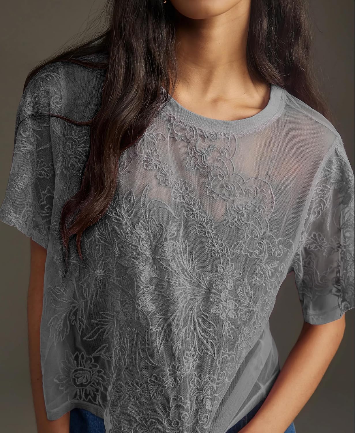 OPCAKM Lace Tops for Women Sexy Short Sleeve Mesh Tops Embroidered Sheer Lace T-Shirts See Through Blouse - Image 4