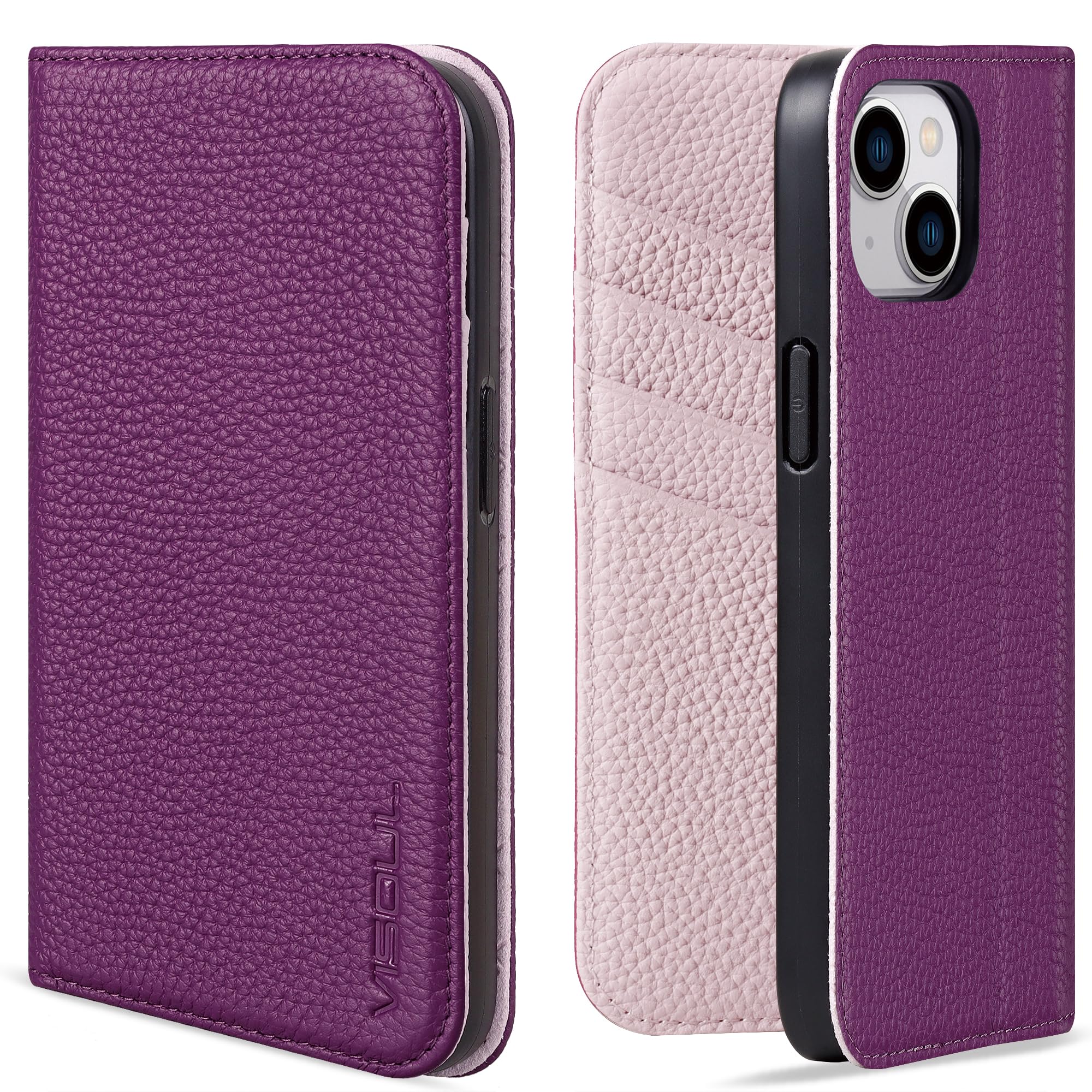 VISOUL Pebbled Leather Case for iPhone 14 Plus, Real Leather Wallet Folio Case with Card Holder Kickstand Magnetic Flip Cover Compatible with iPhone
