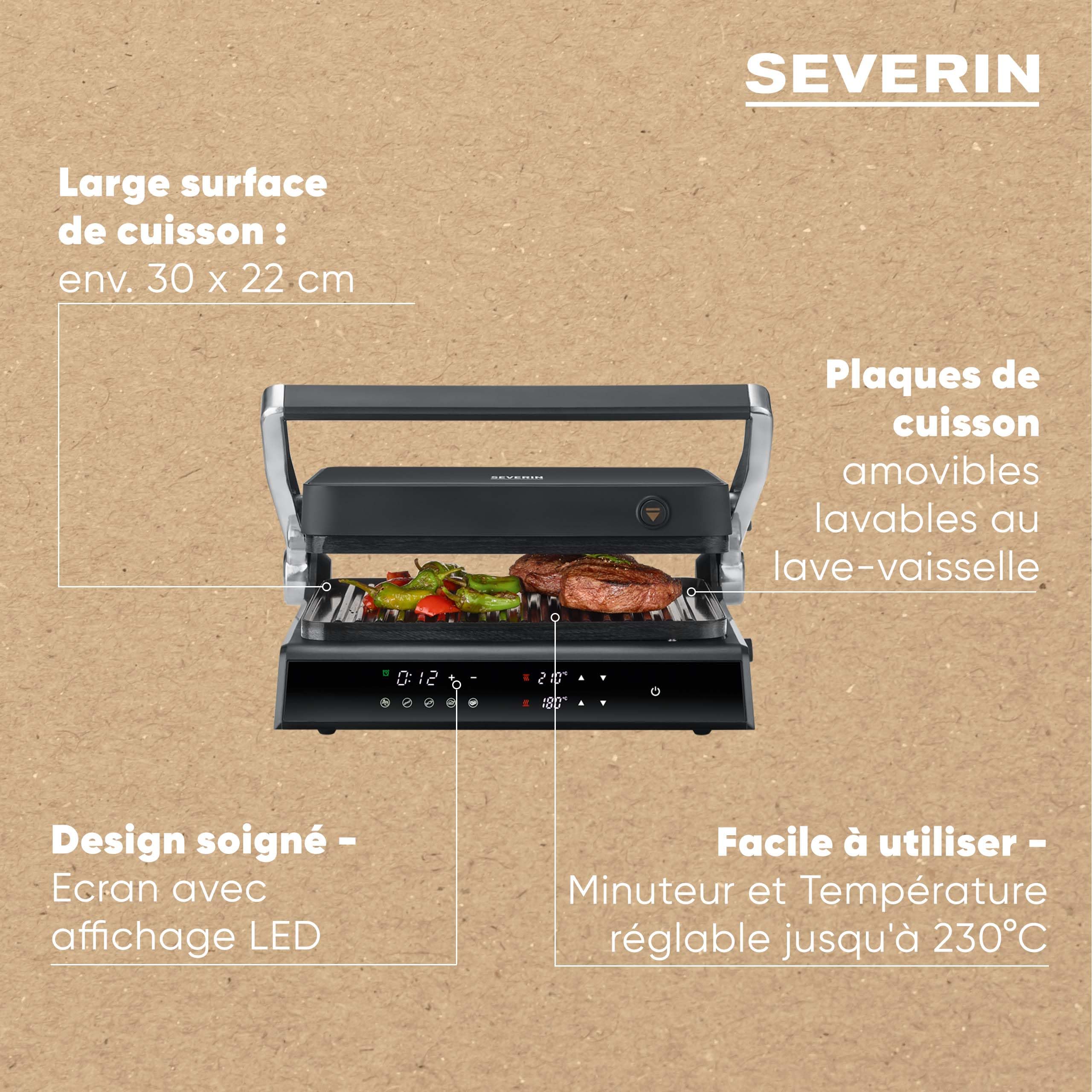 SEVERIN SEVINI COMFORT Multi-gril viande 5 programmes, Gril avec fonction plancha, Gril électrique multifonction pour légumes, steaks et paninis, Plaques avec revêtement céramique, Noir/Inox, KG 2399