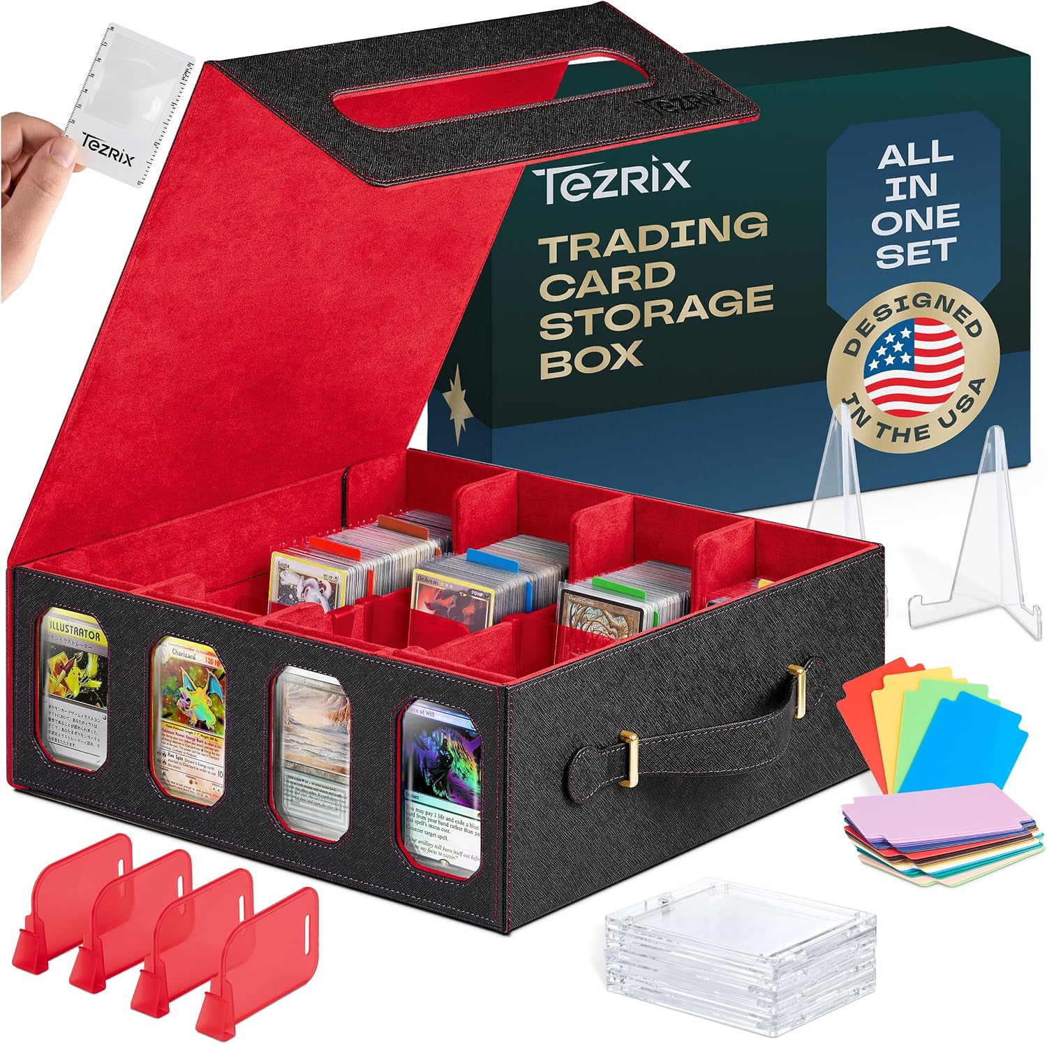 4-Row Mtg Trading Card Storage Box With Display Windows - Magnifier Ruler, 2 Display Stands, 6 Cardholders - 3000+ Card Case With Magnetic Closure, Sports TCG Card Organizer - Red Card Boxes