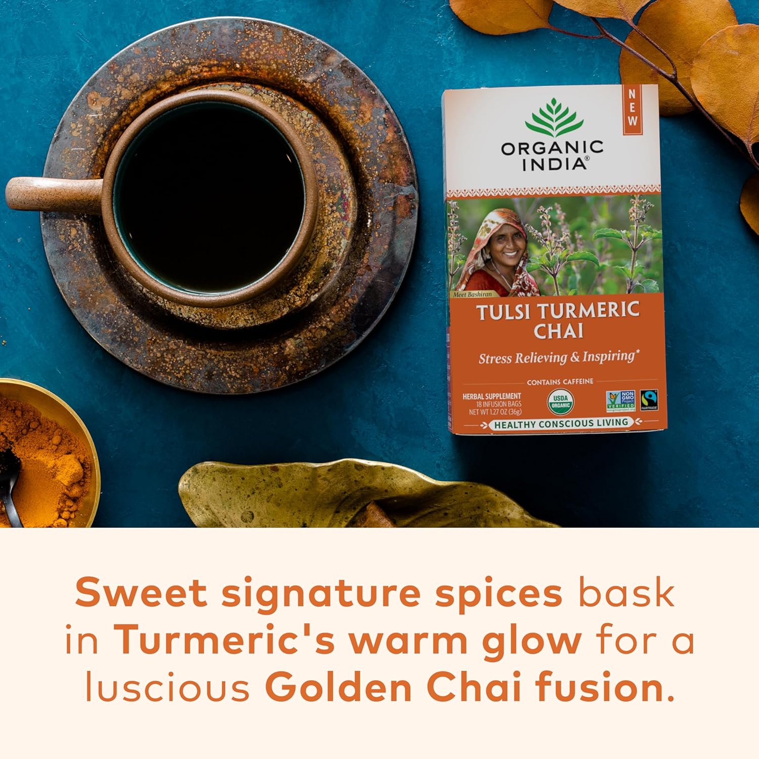 ORGANIC INDIA Tulsi Turmeric Chai Tea - Herbal Tea Bags with Caffeine, Ginger Root, Cinnamon, Holy Basil, Stress Relieving and Energizing, Immune Support, Helps Digestion - 18 Count, Pack of 3