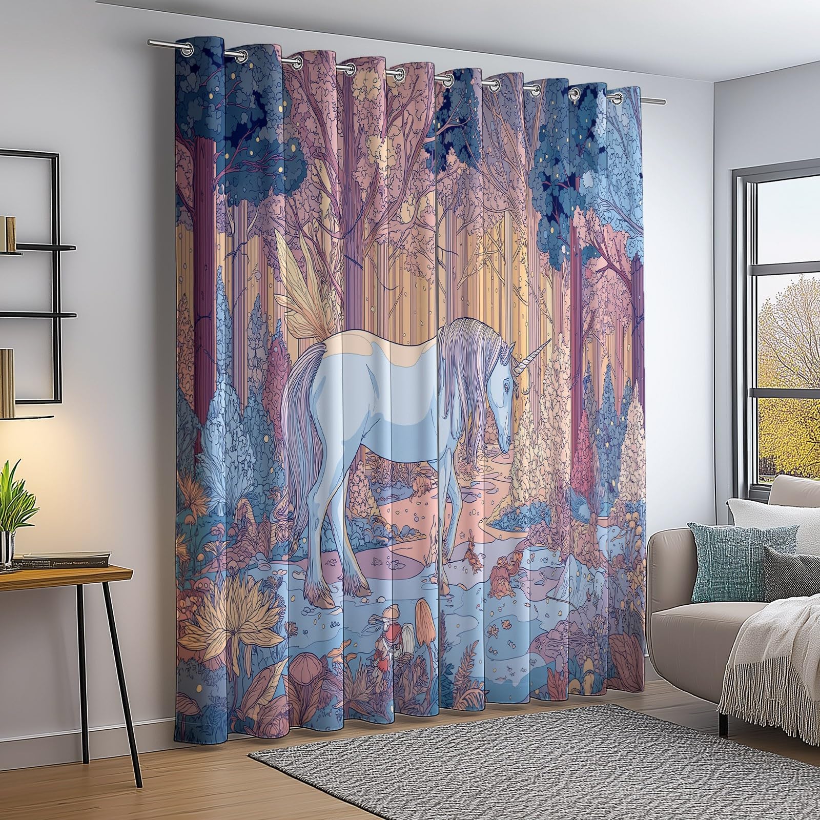 Rideaux à Oeillets 70L X 240H cm (2 Panneaux), Licorne De Dessin Animé, Isolant Opaque pour Balcon et Porte-Fenêtre, Jaune Clair