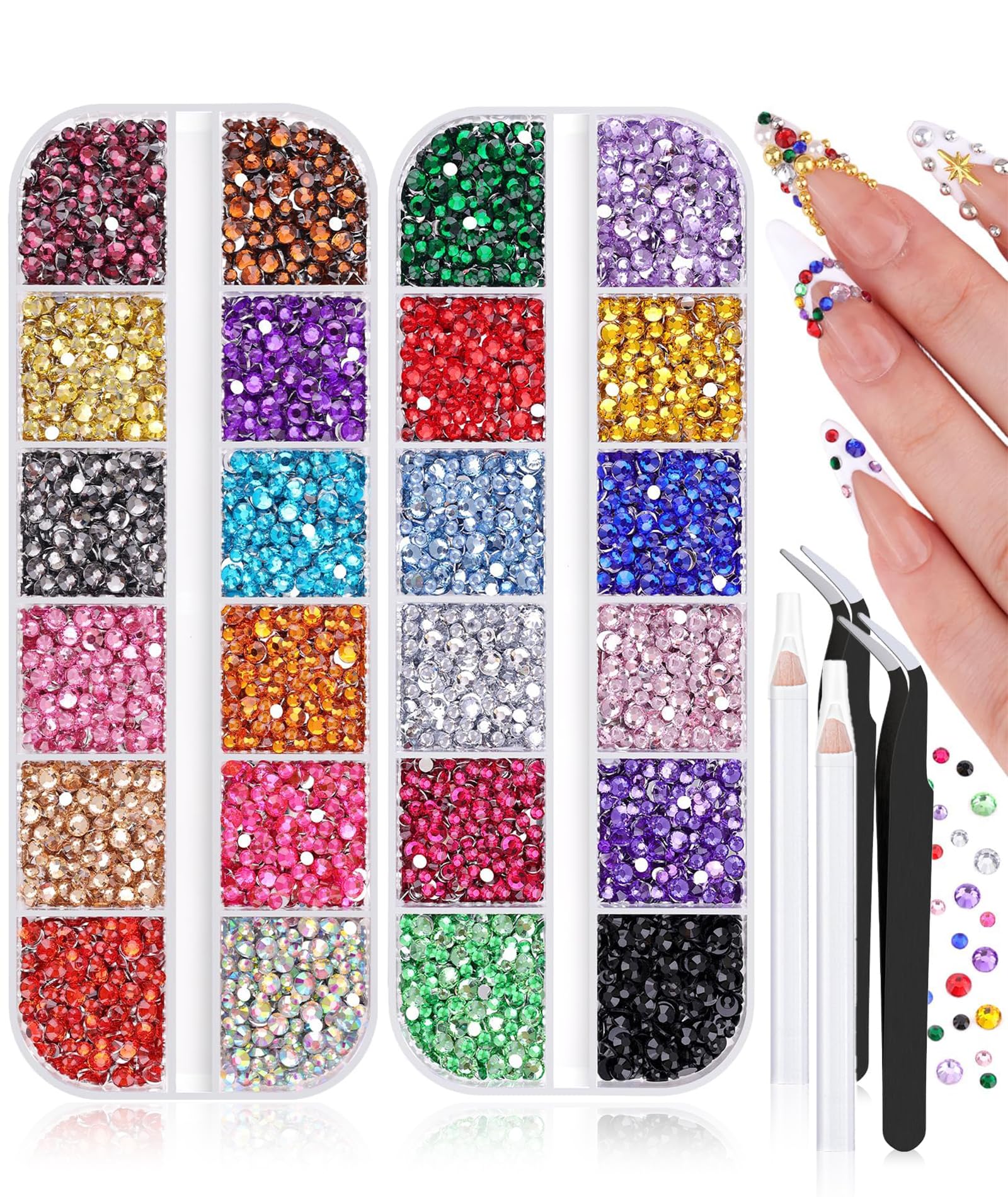 6 PCS Complete Nail Art Tool for Creative Designs, Rhinestones Bedazzling Kit, 24 Color Shimmering Gems with Mixed and White Crystals, Professional Manicure Enhancement Accessories, Easy Application and Versatile Styling Options (About 10000 Pieces)-image-28