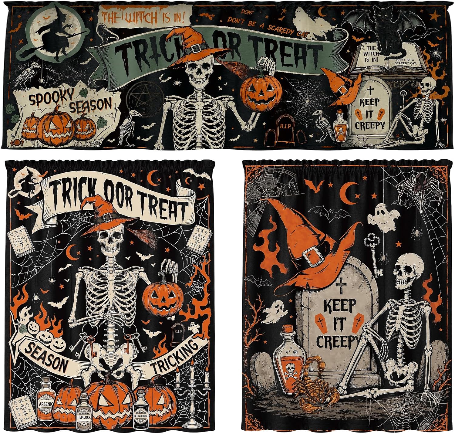 3Pcs Halloween Kitchen Curtains Set with Valance and Tiers, Vintage Skeleton Pumpkin Window Drapes, Spooky Season Gothic Decor & Accessories for Kitchen Over Sink Window Cafe Dining Room