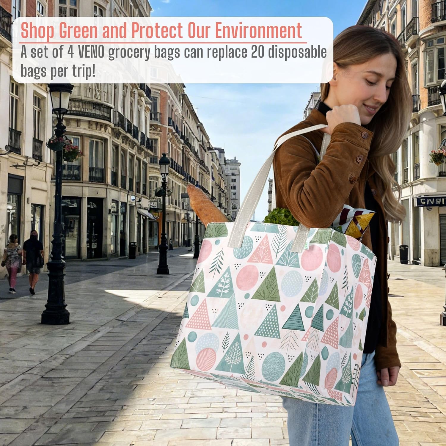 VENO 4 Pack Reusable Grocery Bags, Heavy-Duty Shopping Bags with Handles, for Shopping Cart with Hard Bottom to Stand Upright, Foldable (Pastel Forest, 4 Pack) - Image 7