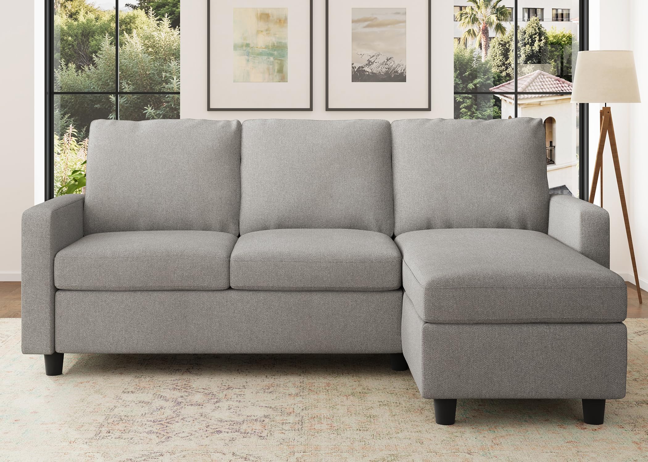 Photo 1 of HONBAY Convertible Sectional Sofa, L Shaped Couch with Linen Fabric, Reversible Couch for Small Space, Mid Light Grey