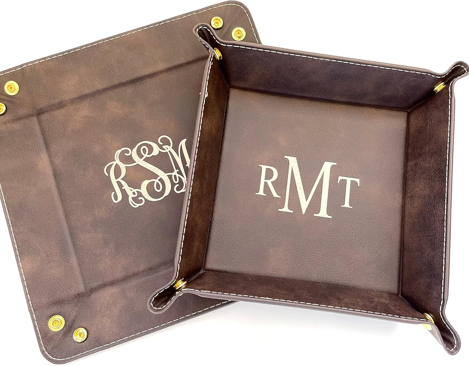 Monogrammed Tray Valet Jewelry Caddy (Rustic Brown with Gold)