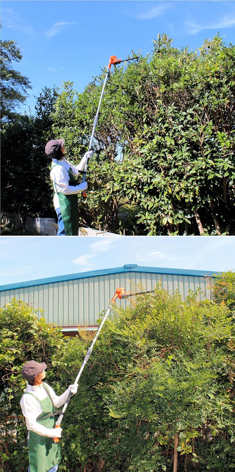 A person demonstrating the use of the hedge trimmer with the extension pole, showing the reach for both low and high hedges.
