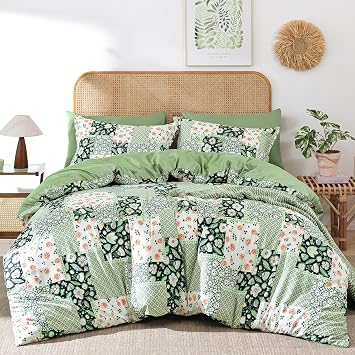 DJY Green Floral Duvet Cover Set Double Size - 3-Piece Green Bedding Set - Wrinkle-Resistant & Breathable Design with Hidden Zipper Double, 200x200cm