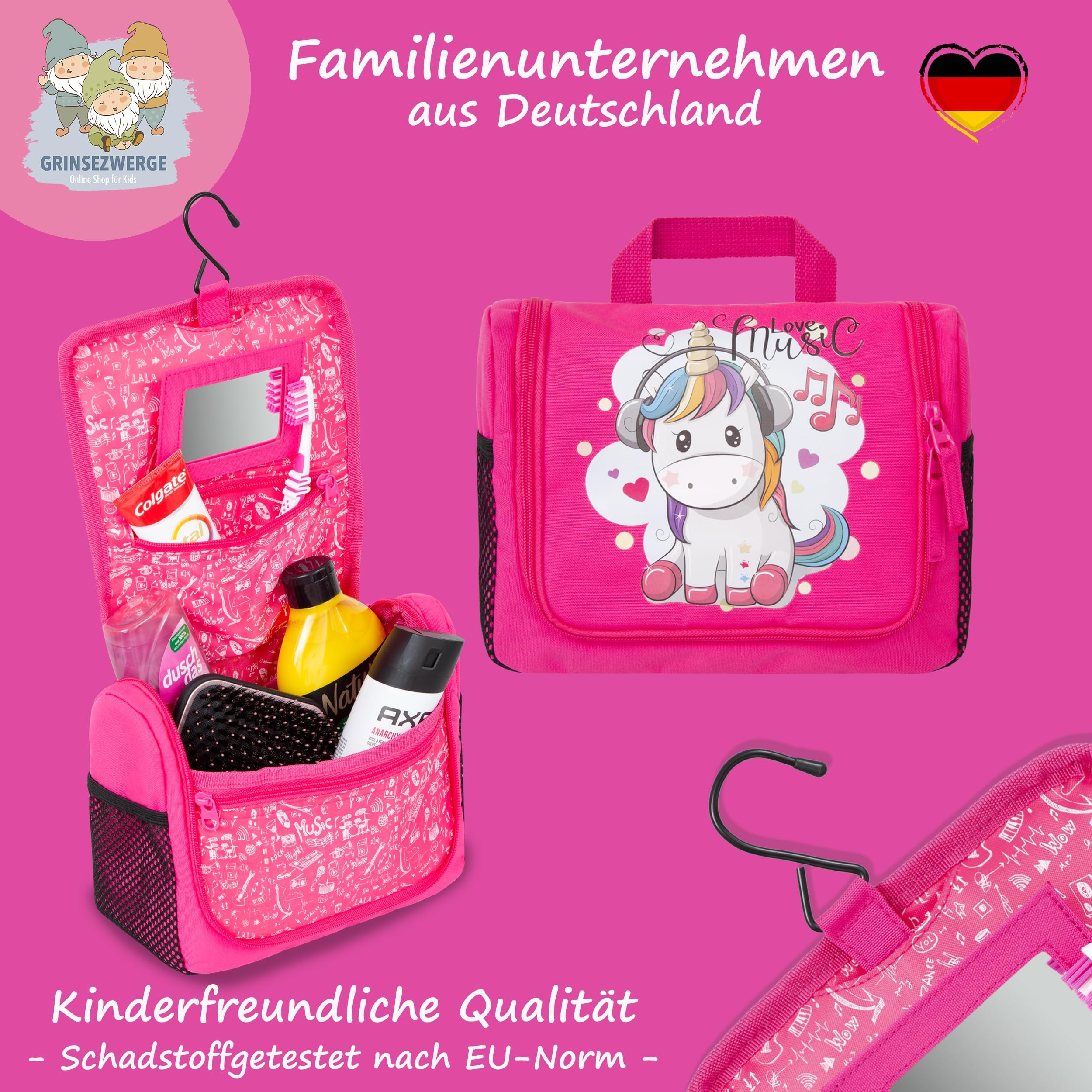 GRINSEZWERGE Kulturtasche für Kinder und Erwachsene - 12 Motive | Reise Kulturbeutel für Damen und Herren | Kosmetiktasche zum Aufhängen | Waschbeutel Waschtasche Reisetasche für Jungen und Mädchen
