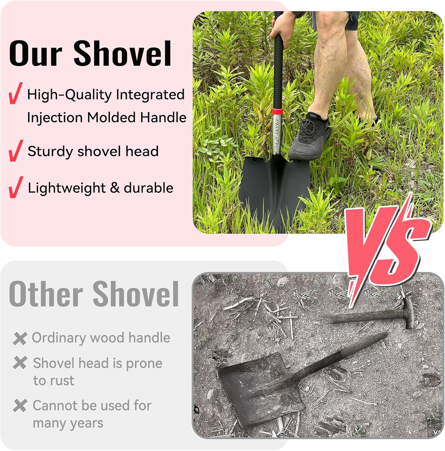 SHARK ATTACK Heavy Duty Garden Shovel 43.3 inch with D-Grip Handle, 10.04'' Serrated Steel Blade for Digging and Landscaping, Beach Shovel, Car Snow Shovel