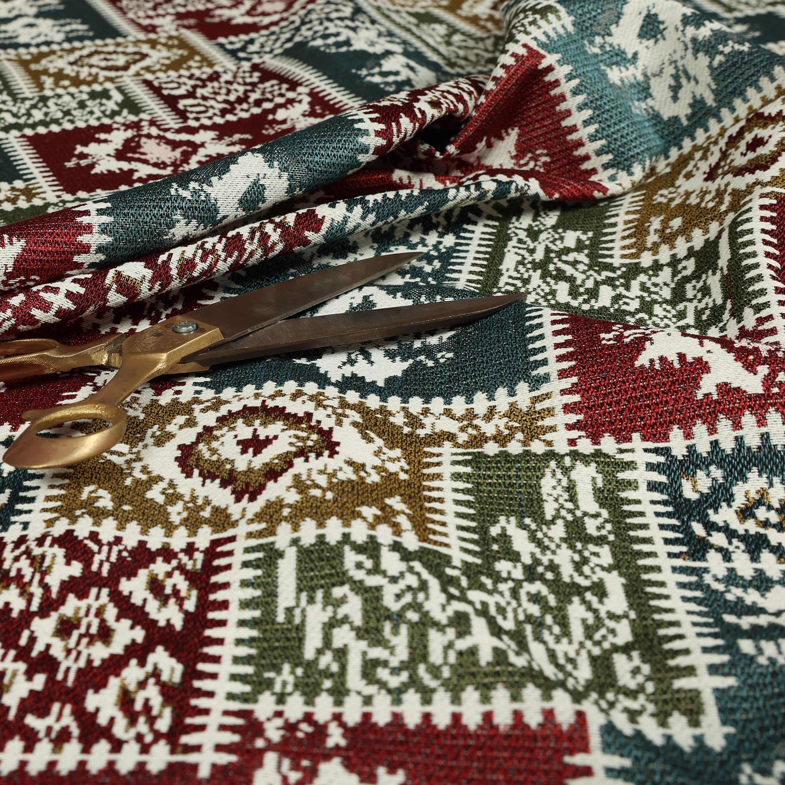 Tessuto per tappezzeria in ciniglia pesante, multicolore, bianco, motivo kilim, ignifugo, patchwork, materiale al metro, svendita (al metro)