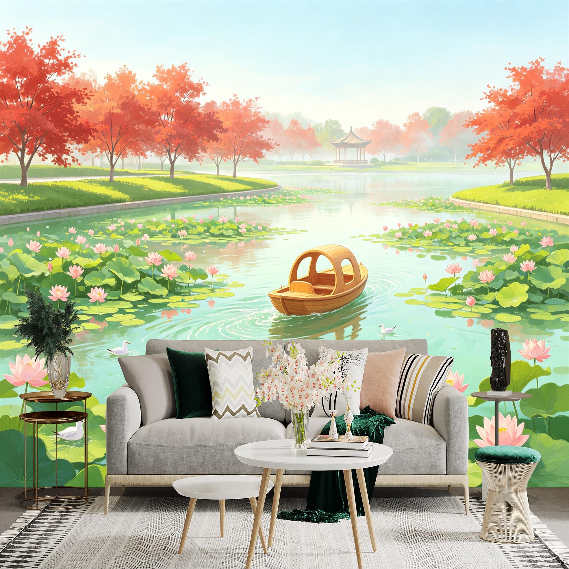 Custom Size Wall Sticker Mural， Wooden Boat on Tranquil Lotus Pond， Red Maple Trees， Eastern Pavilion， Nature Scenery， for wall Decoration， peelandstick wall Decals.