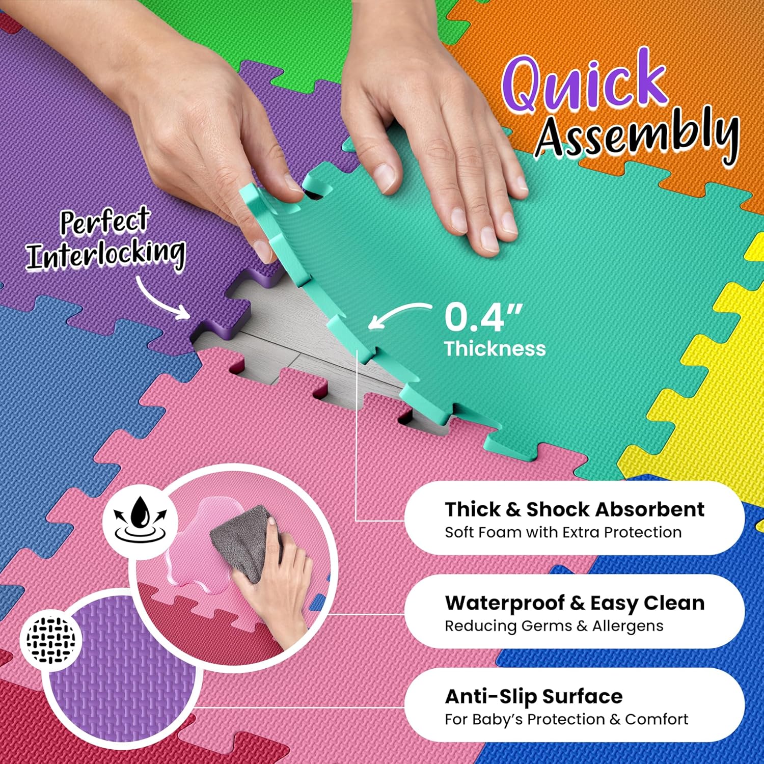 16 Tiles with Borders | 12" x 12" Baby Play Mat Foam Puzzle Floor Tiles | Non-Toxic Soft Waterproof Interlocking EVA Playmat for Nursery Playroom Playpen Toddler Tummy Mat
